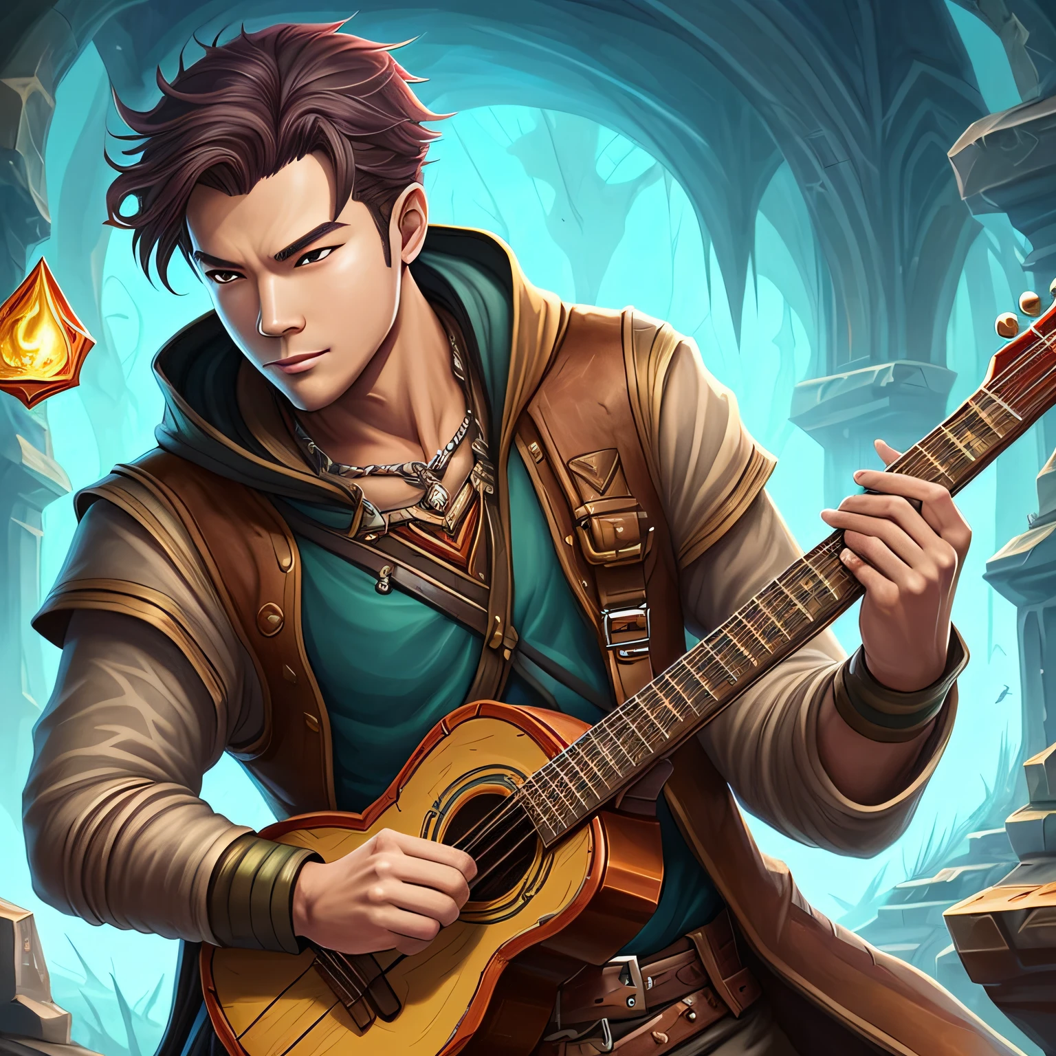 Close-up of man holding guitar, DND fantasy art, inspired by Li Gonglin, Bard playing the lute, fantasy card game art, Hearthstone card game artwork, Hearthstone card game artwork. ", Epic Fantasy Card Game Art, Bard, Epic Fantasy Card Game Art, Asian, Asian, Asian --auto