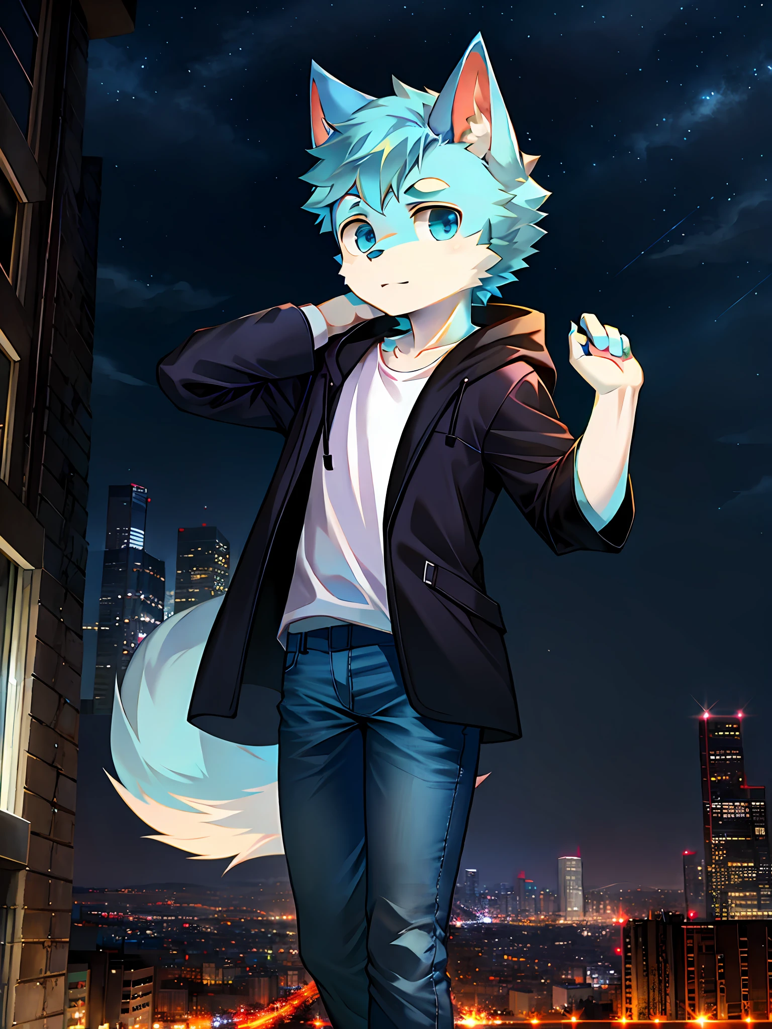 Dog, light blue fur covering the whole body, white t-shirt, black coat, blue jeans, little boy, teenager, pose, night, city
