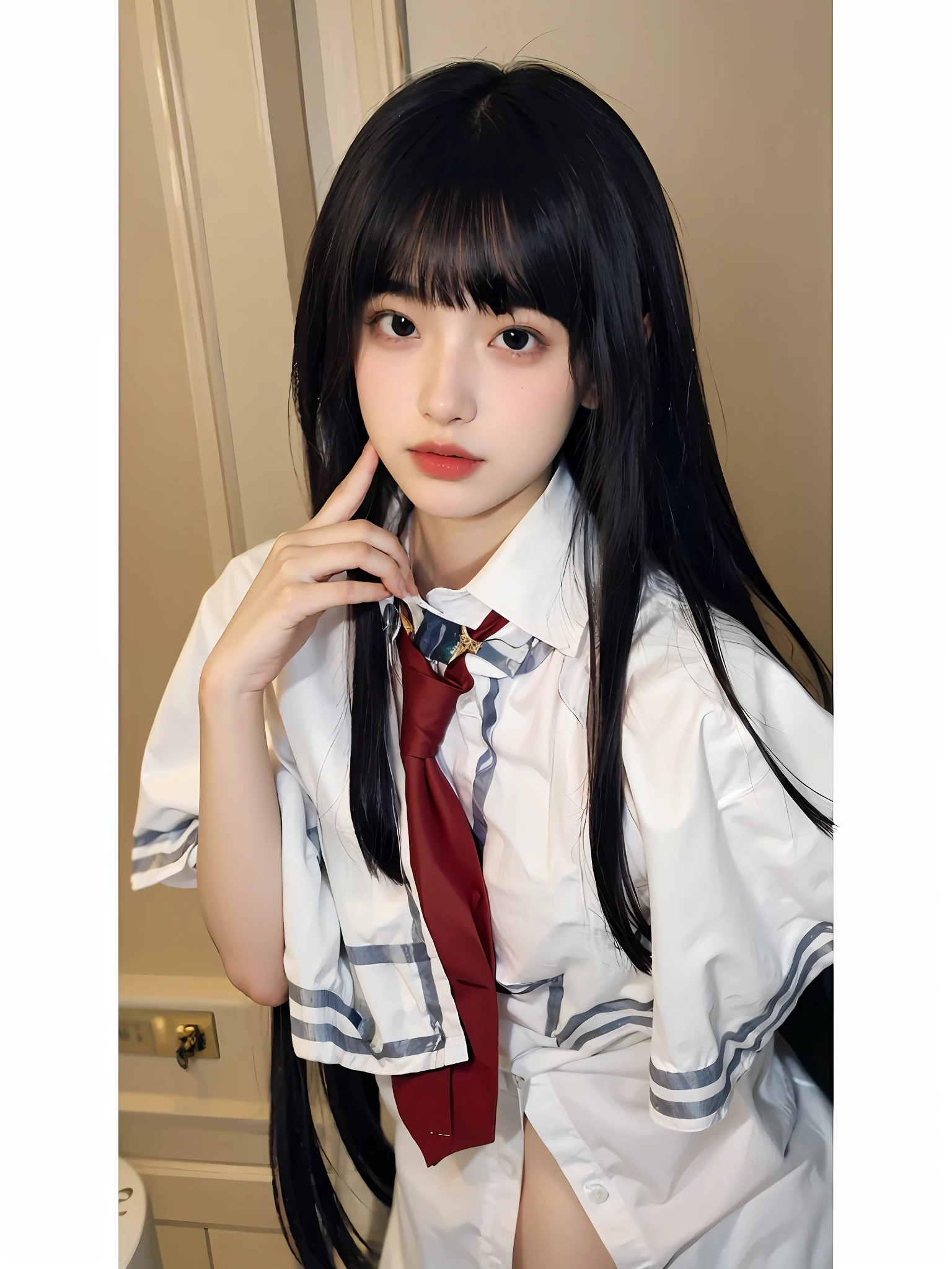 (Large breast:1.4),(shirt:1.4),(Best quality,masterpiece,ultra high res,(photorealistic:1.4),1girl,(:1.4),(partially unbuttoned:1.5)