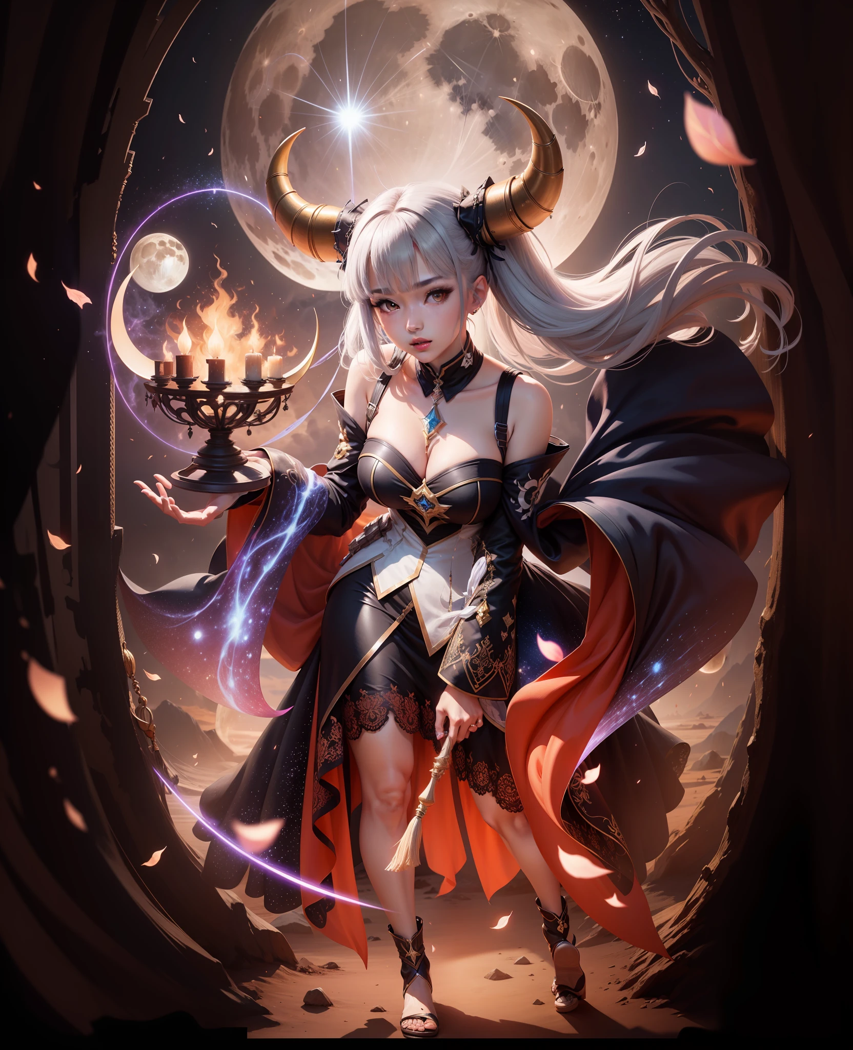 anime character with horns and a dress standing in front of a full moon, lunar themed attire, fantasy outfit, in game render, astral witch clothes, from the azur lane videogame, ayaka genshin impact, highly detailed full body, azur lane style, anime highly detailed, clear outfit design, 8k octae render photo, beautiful celestial mage