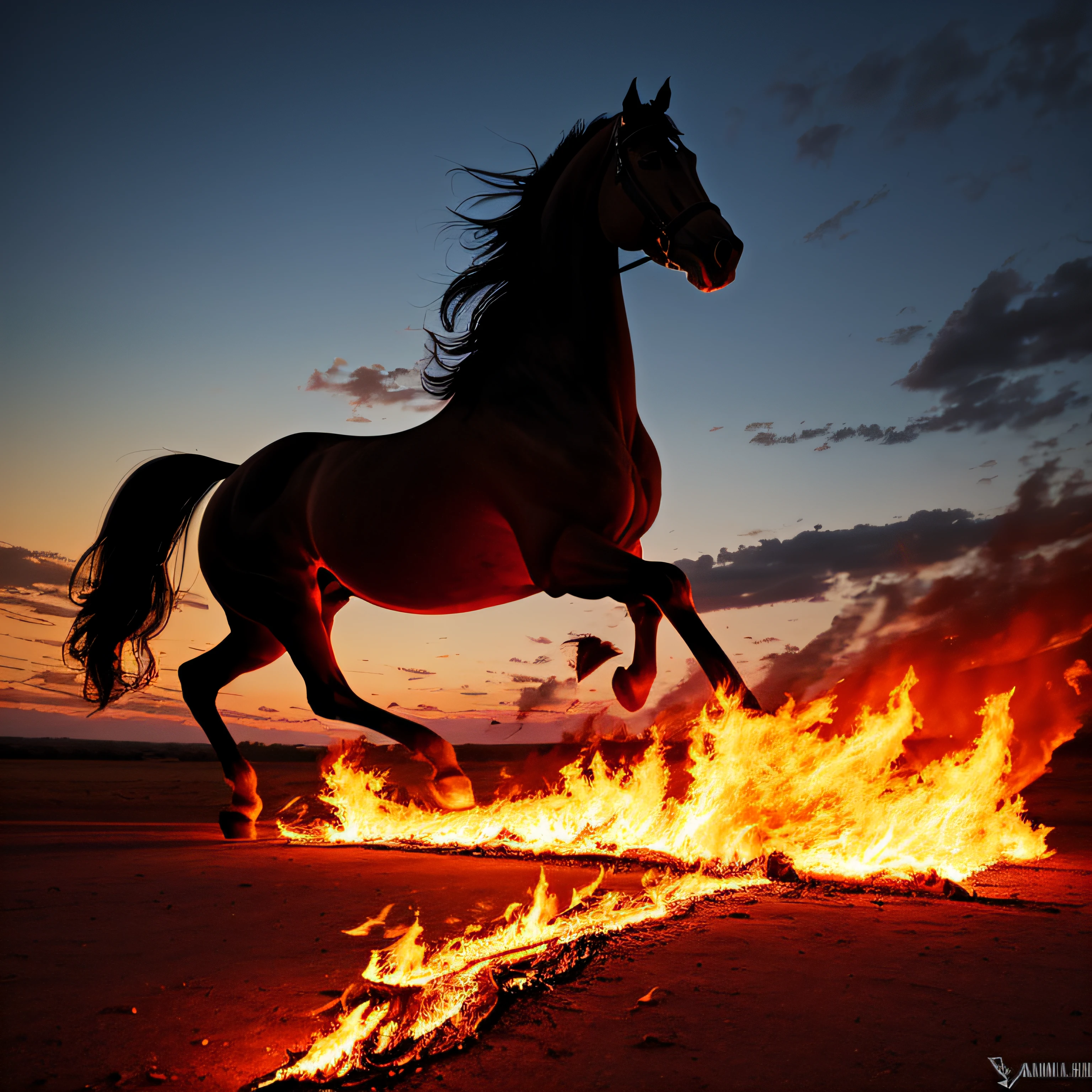 sunset black horse on fire --auto