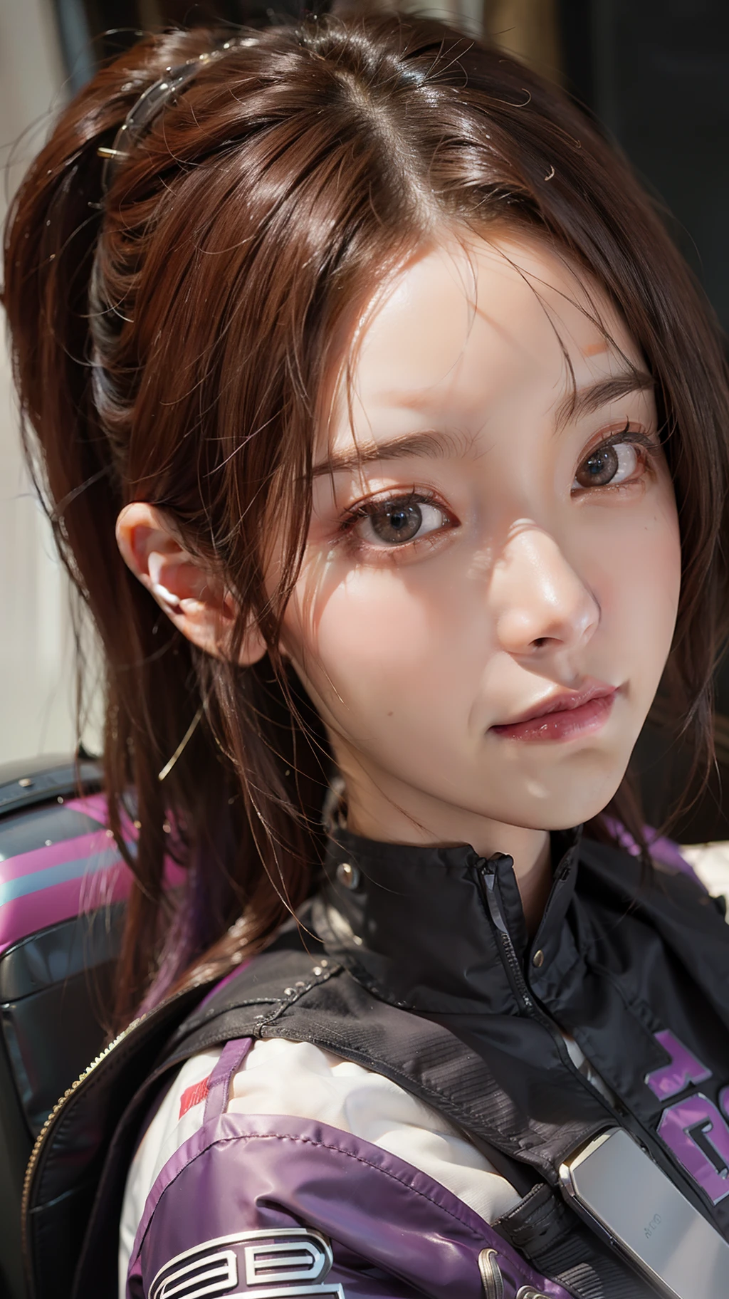 Masterpiece, 1 Beautiful Girl, Detailed Eyes, Swollen Eyes, Best Quality, Ultra Definition, (Reality: 1.4), Movie Lighting, Japanese, Asian Beauty, Korean, Very Beautiful, Beautiful Skin, Slender, Forward-Facing Body, (Ultra Realistic), (High Definition), (8K), (Very Detailed), (Best Illustration), (Beautifully Detailed Eyes), (Ultra Detail), (Wallpaper), Detailed Face, Bright Lighting, Professional Lighting, Look at the viewer, looking straight ahead, purple android suit, cyberpunk ruins in the background, lots of cords stretching from clothes, purple hair, small purple tattoos on the face,