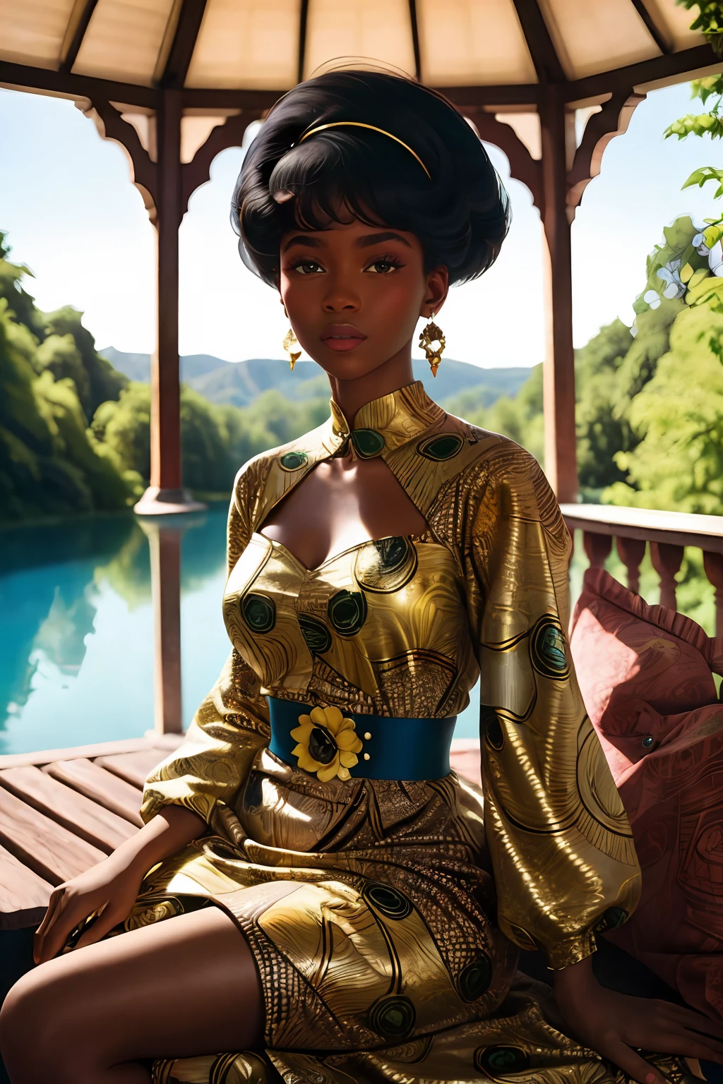 ((ultra HD))) ((hyper realistic)) marc jacobs fashion magazine full torso photograph of a beautiful 24 year old ((African dark skinned woman)) dressed in a futuristic flowery silky intricately textured dress with perfect gold buttons, sitted and lounging in a beautiful ((richly decorated)) gazebo by a lush blue lake on a pleasant day subject between the sun and photographer, bright sunny, raw, greatness, indie, and full of magical nature activity, brightly magically lit, shot with professional lenses, panavision motion still, hyper detailed textures, fuji superia 400, iso 400, cinematic, surrealistic, 8k, Kodak Portra 400 film, ((35 mm lens)), lightroom color graded, with ((double exposure and long exposure techniques)) and light leaks, (((60s retro vibes))), afro-creative — , Akinbode Akinbiyi, Emmanuel Lubezki, Gordon Parks, Daido Moriyama, David Fincher, , (((Hasselblad))) (backlighting)