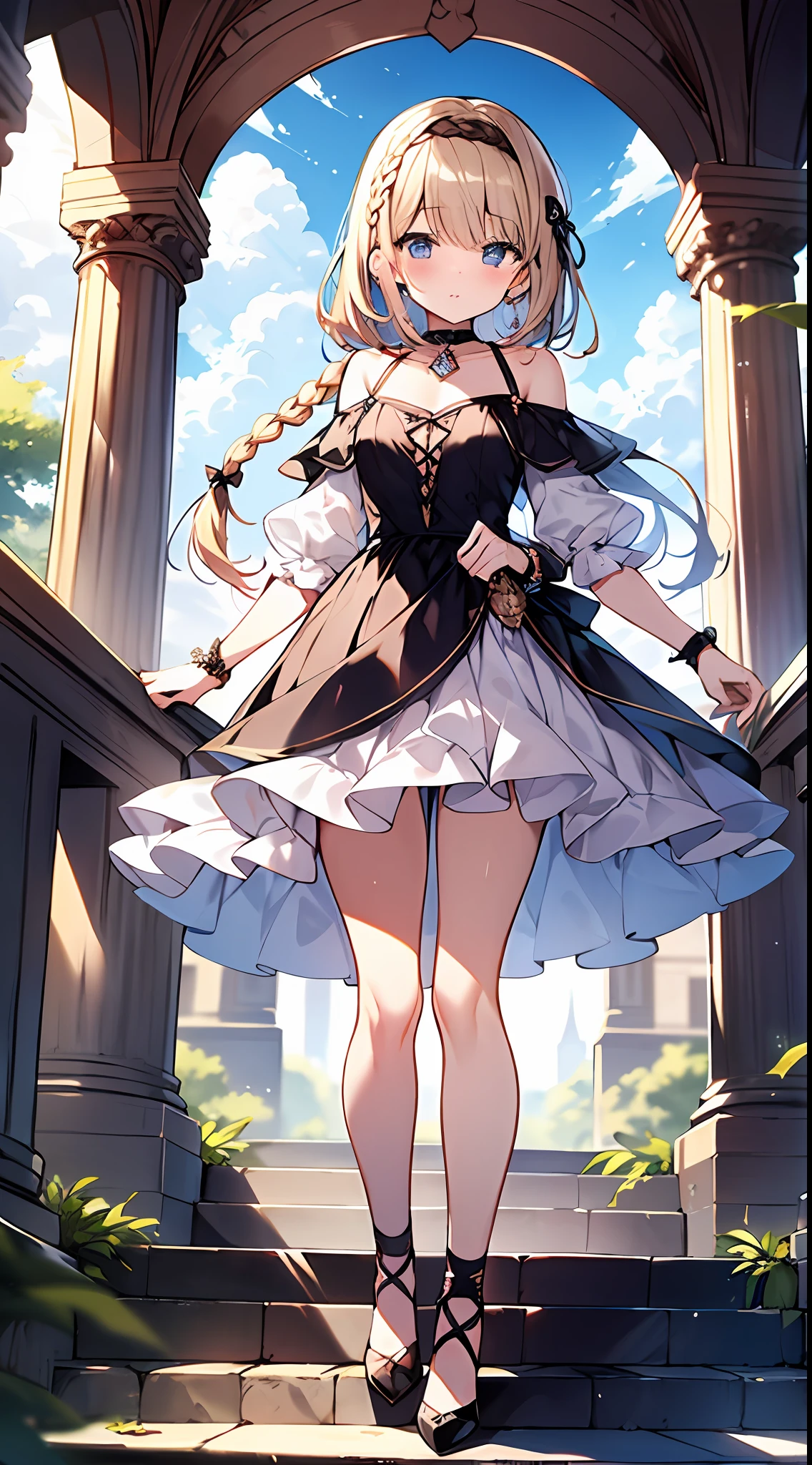 (incredibly absurdres absolutely resolution: 1.5), highest quality, masterpiece, ultra high resolution, 8k, (multiple girls), (gorgeous dresses with many gorgeous and colorful decorations) BREAK shoujo manga style, (loli), soft line drawing, digital enhancement, shojo manga touch, environmental change scenes, shojo manga core, ( Hair length to the shoulders))), (((short braid))), ancient capital of the West, full body visible angle, entangle, beautiful and aesthetic: 1.5, High quality: 1.3