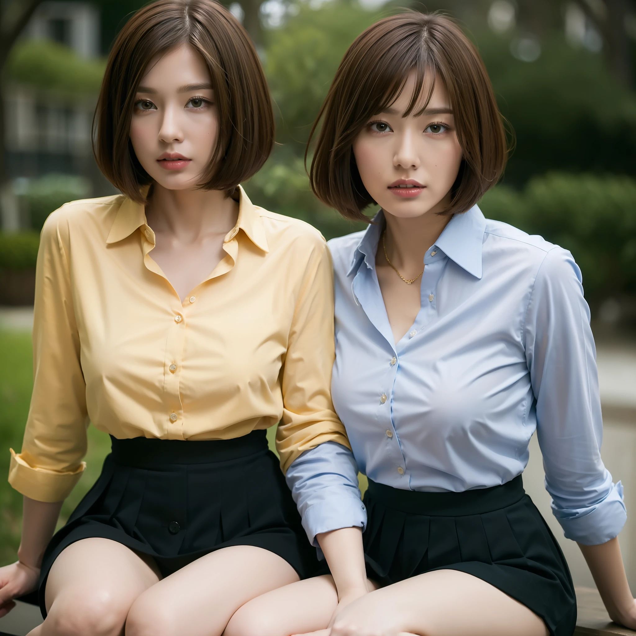 (Masterpiece:1.3), (8k, realistic, RAW Photos, Best quality: 1.4), (1 girl), Beautiful face, (Realistic face), (Brunette hair, bobcut:1.3), Beautiful hairstyle, Realistic eyes, Beautiful detailed eyes, Long eyelashes, (Realistic skin), Beautiful skin, Medium breasts, (Perfect body: 1.3), (Detailed body: 1.2), (Inky green buttoned shirt, first button unbuttoned: 1.3), (Black pleated skirt), , Ridiculous, Attractive, ultra-high resolution, ultra-realistic, highly detailed, golden ratio