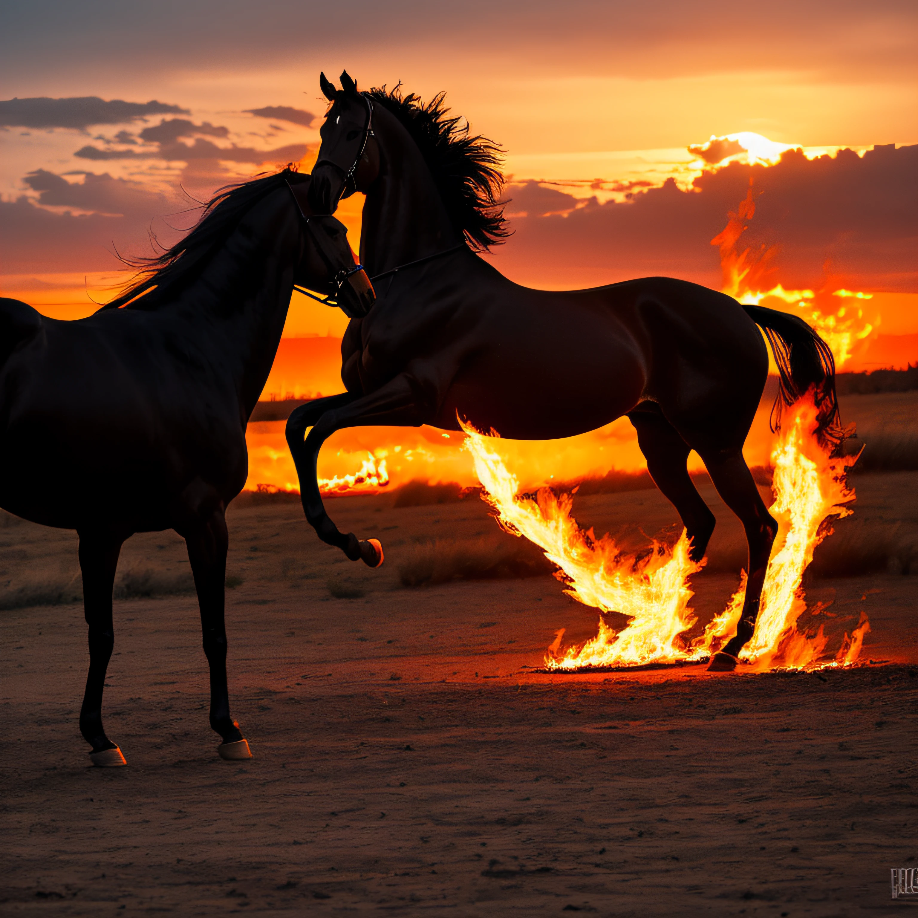 sunset black horse on fire --auto