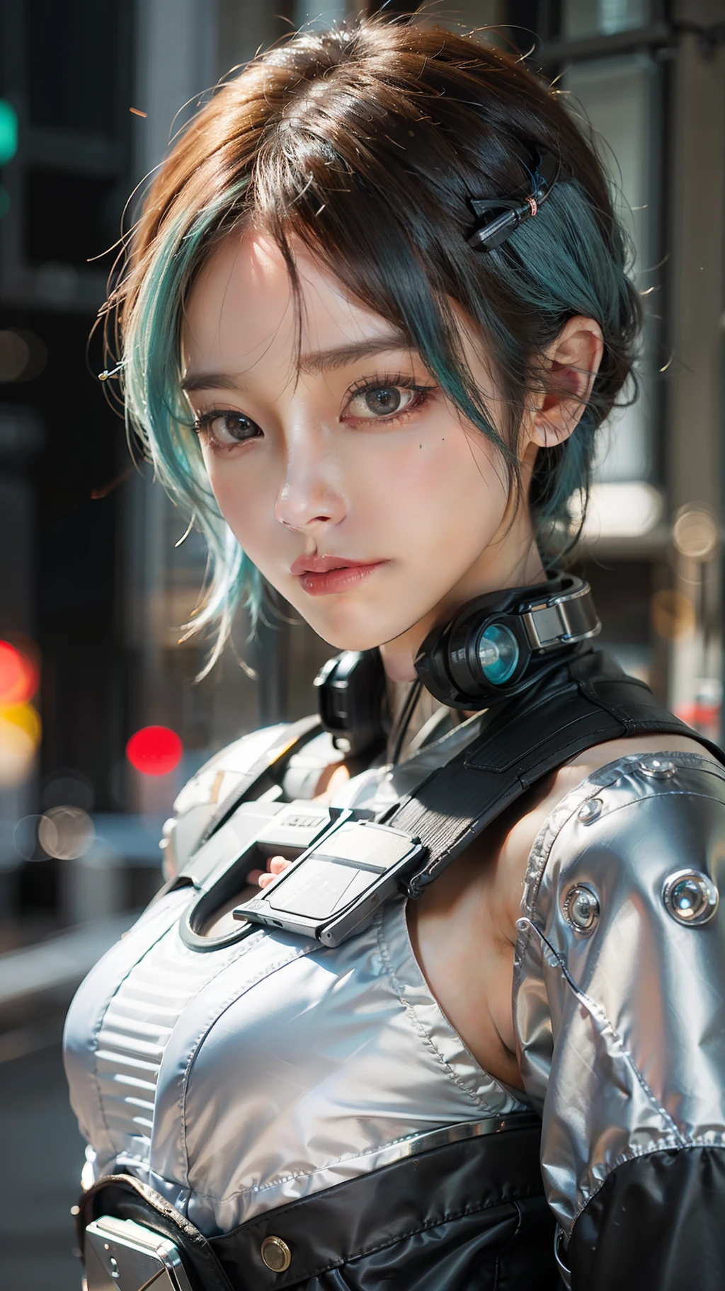 Masterpiece, 1 Beautiful Girl, Detailed Eyes, Swollen Eyes, Best Quality, Ultra Definition, (Reality: 1.4), Movie Lighting, Japanese, Asian Beauty, Korean, Very Beautiful, Beautiful Skin, Slender, Forward-Facing Body, (Ultra Realistic), (High Definition), (8K), (Very Detailed), (Best Illustration), (Beautifully Detailed Eyes), (Ultra Detail), (Wallpaper), Detailed Face, Bright Lighting, Professional Lighting, Look at the viewer, looking straight ahead, white android suit, cyberpunk ruins in the background, a lot of cords stretching from the clothes, light blue hair, small white tattoos on the face, short hair,