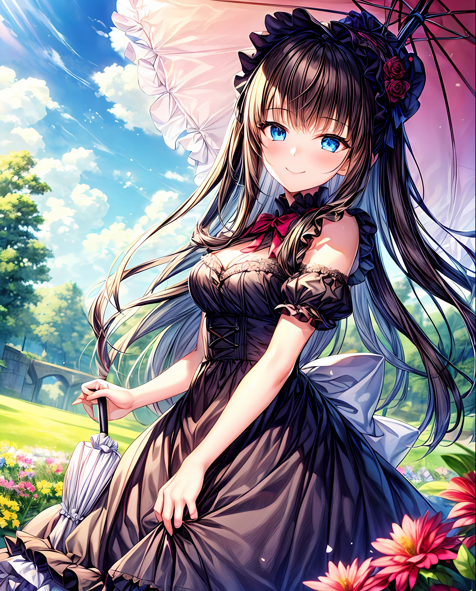 (masterpiece, top quality), 1 girl, long hair, black hair, smile, blue eyes, ribbons in hair, ta fashion, blue sky, holding parasol, flower bed, insight, front view, sunshine, blunt bangs, beautiful hair, cute face