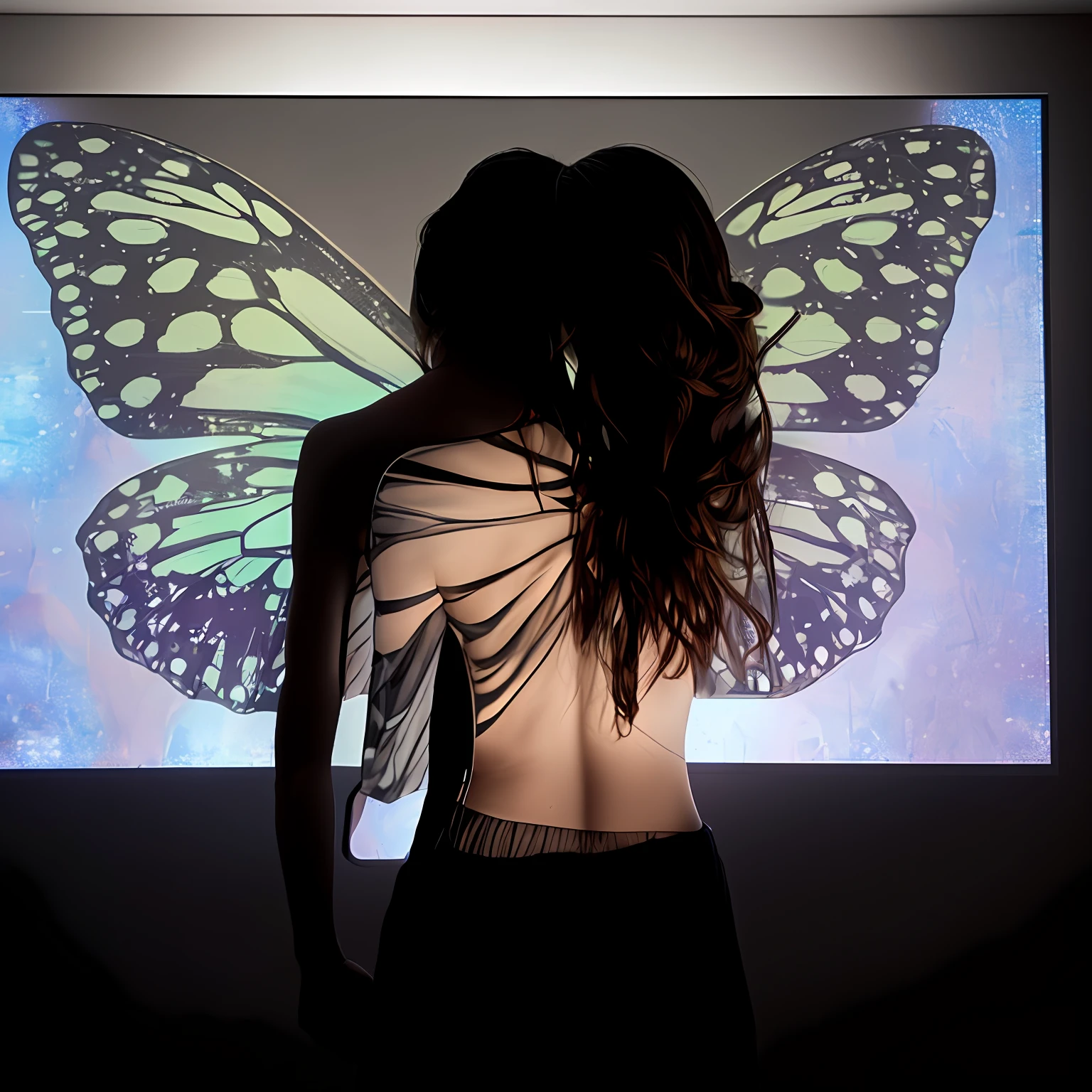 arafed woman with butterfly tattoo on back standing in front of a projection screen, butterfly wings, half-woman half-butterfly, inspired by Taro Yamamoto, projection design installation, inspired by Ren Hang, moth wings, large wings on back, soft butterfly lighting, symmetrical wings on back, still from a music video, gossamer wings, her back is to us