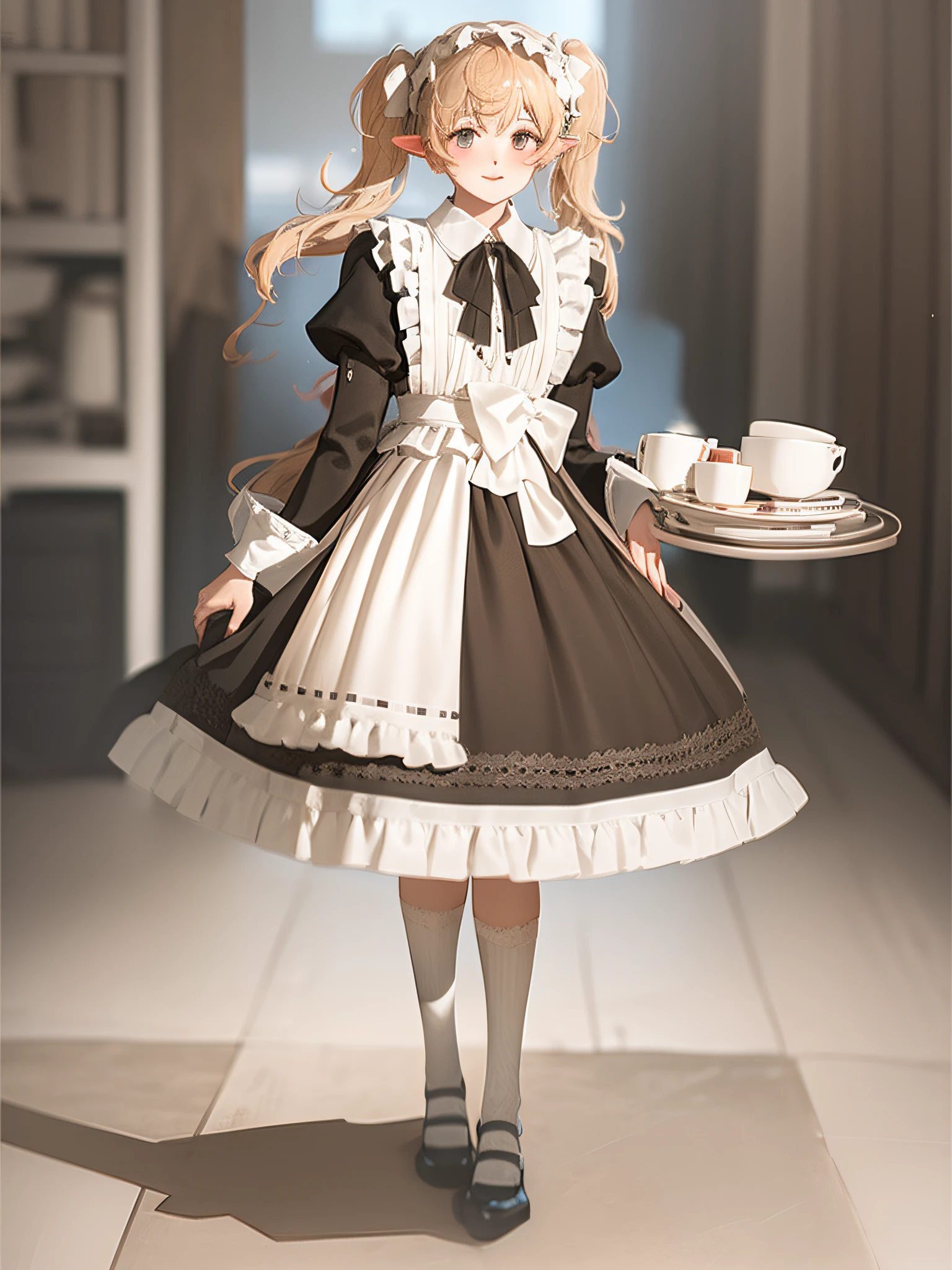 elf, girl, solo, full body, platinum blonde,twin tails, blue eyes, smiling, standing, holding a silver tray in one hand, with a ceramic tea set on the tray,
Maid dress in a long dress in solid black (long sleeves, puff sleeves, white cuffs, cuffs with one black button, white collar, skirt to heel),
white long apron dress (apron with breastplate, length to hem of skirt, shoulder straps, white lace ruffles at shoulder straps, large ribbon knot at the back),
Red Ascot Thailand, Cameo to Ascot Thailand,
head headband with white lace ruffles,
white stockings,
white panniers (lace hem of panniers),
black enamel shoes (high heels),
Mucha style background