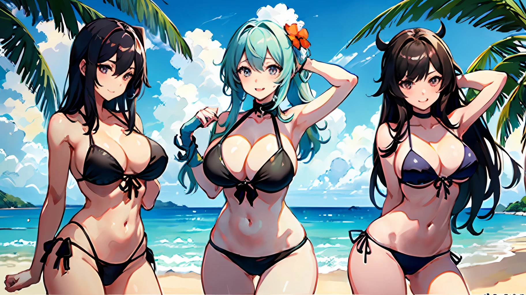 three sexy women in bikinis standing on a beach next to the ocean, ecchi anime style, ecchi, in the beach, on a sunny beach, at the beach, anime girls, oppai, beaching, at a beach, oppai proportions, commission for, kantai collection style, on a beach, at a tropical beach, ecchi style