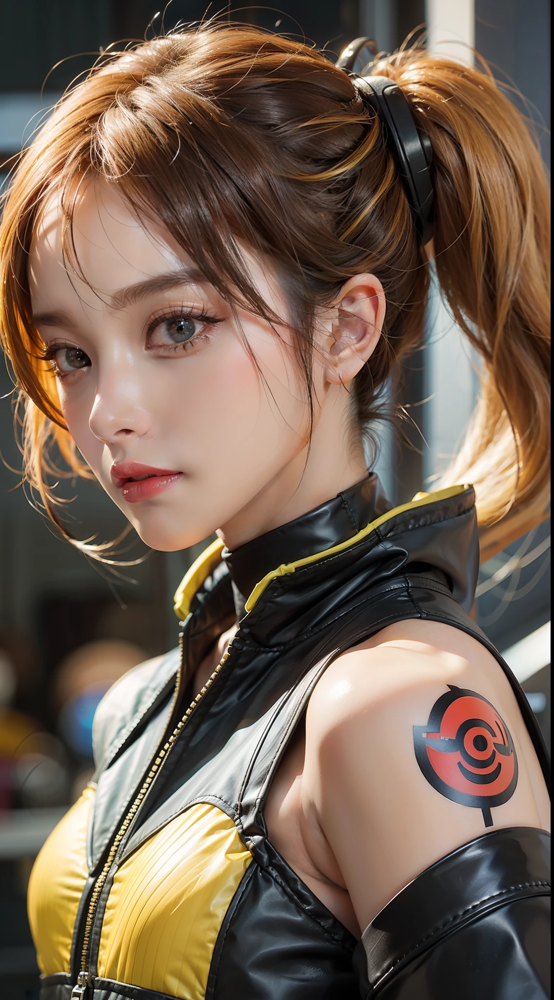 Masterpiece, 1 Beautiful Girl, Detailed Eyes, Swollen Eyes, Best Quality, Ultra Definition, (Reality: 1.4), Movie Lighting, Japanese, Asian Beauty, Korean, Very Beautiful, Beautiful Skin, Slender, Forward-Facing Body, (Ultra Realistic), (High Definition), (8K), (Very Detailed), (Best Illustration), (Beautifully Detailed Eyes), (Ultra Detail), (Wallpaper), Detailed Face, Bright Lighting, Professional Lighting, Look at the viewer, looking straight ahead, yellow android suit, cyberpunk ruins in the background, a lot of cords stretching from the clothes, yellow hair, twin tails, small yellow tattoos on the face,