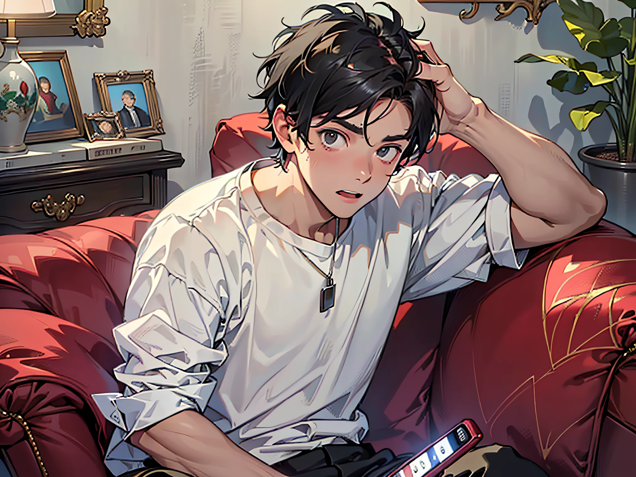 (A boy sitting on a sofa in a white shirt and short black hair looking at the camera: 1.5) (holding a mobile phone: 1.9) (18-year-old boy, single: 1.9) (very surprised expression on his face: 1.7) (opening his mouth to speak: 1.8) (masterpiece, masterpiece: 1.5)