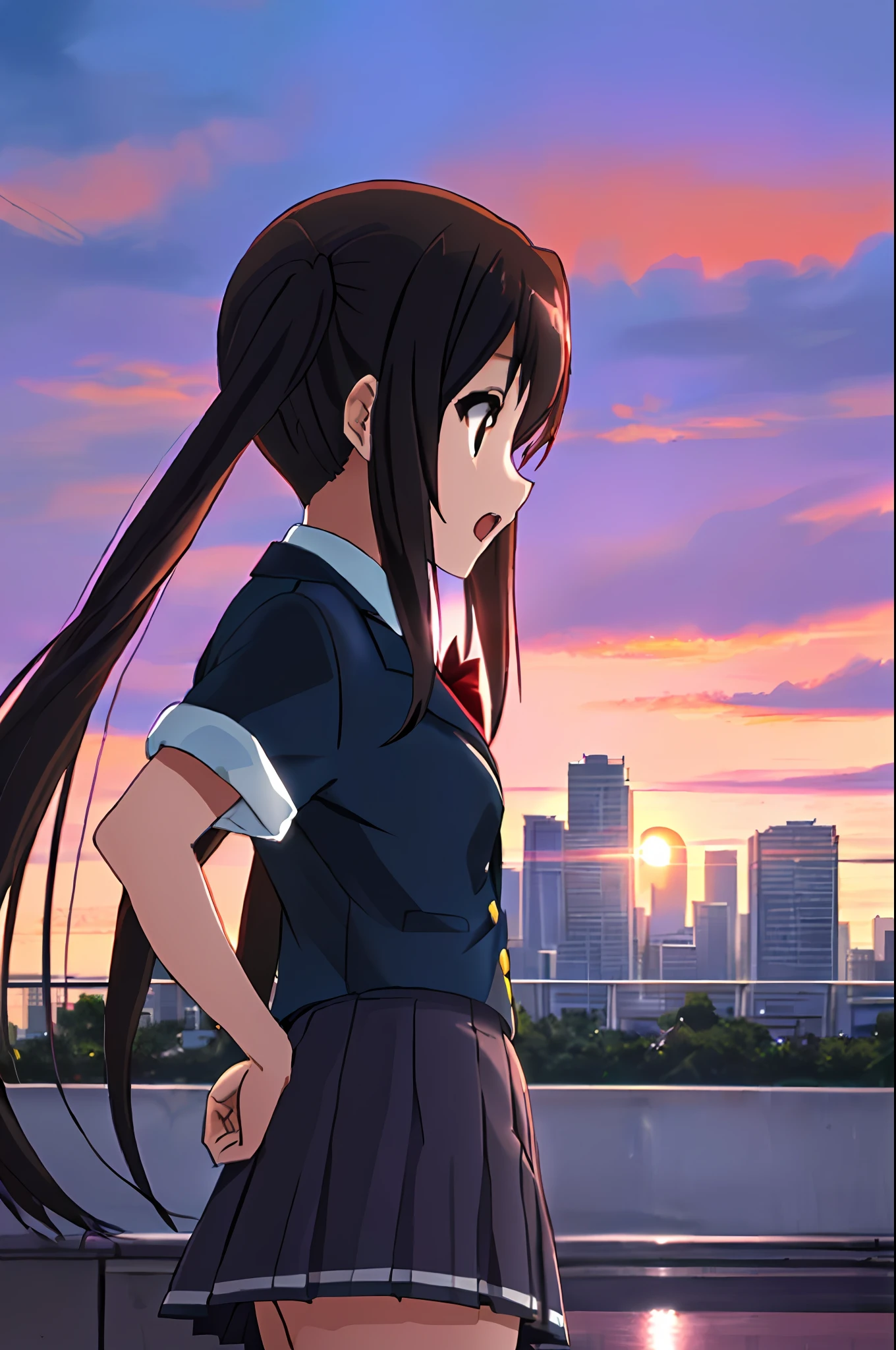 1girl, ((((Masterpiece))), Best Quality, Best Quality, High Detail, Azusa Nakano, 1girl, Sakuragaoka High School Uniform, Musical Instrument, School Uniform, Twin Tails, Long Hair, Black Hair, Brown Eyes, Solo, Red, Dark blue blazer with a thin ribbon of red, Solid white button shirt under blazer, Illustration, Cartoon, Soothing tones, Muted colors, Soft cinematic light, Adobe Lightroom, Photo Lab, HDR, complex and highly detailed, (((depth of field))))). (((Masterpiece))). (((highest quality))).) ((super detail))). (((Illustration))). (((Outside))). (((Put your hands on your hips))).,((((Gigantic))).dynamic focus.small breasts. (((skyscrapers))). (((Cityscape))). (((Despair Face))). open mouth. (((Sunset))). (((Sunset))). (((Proud))).