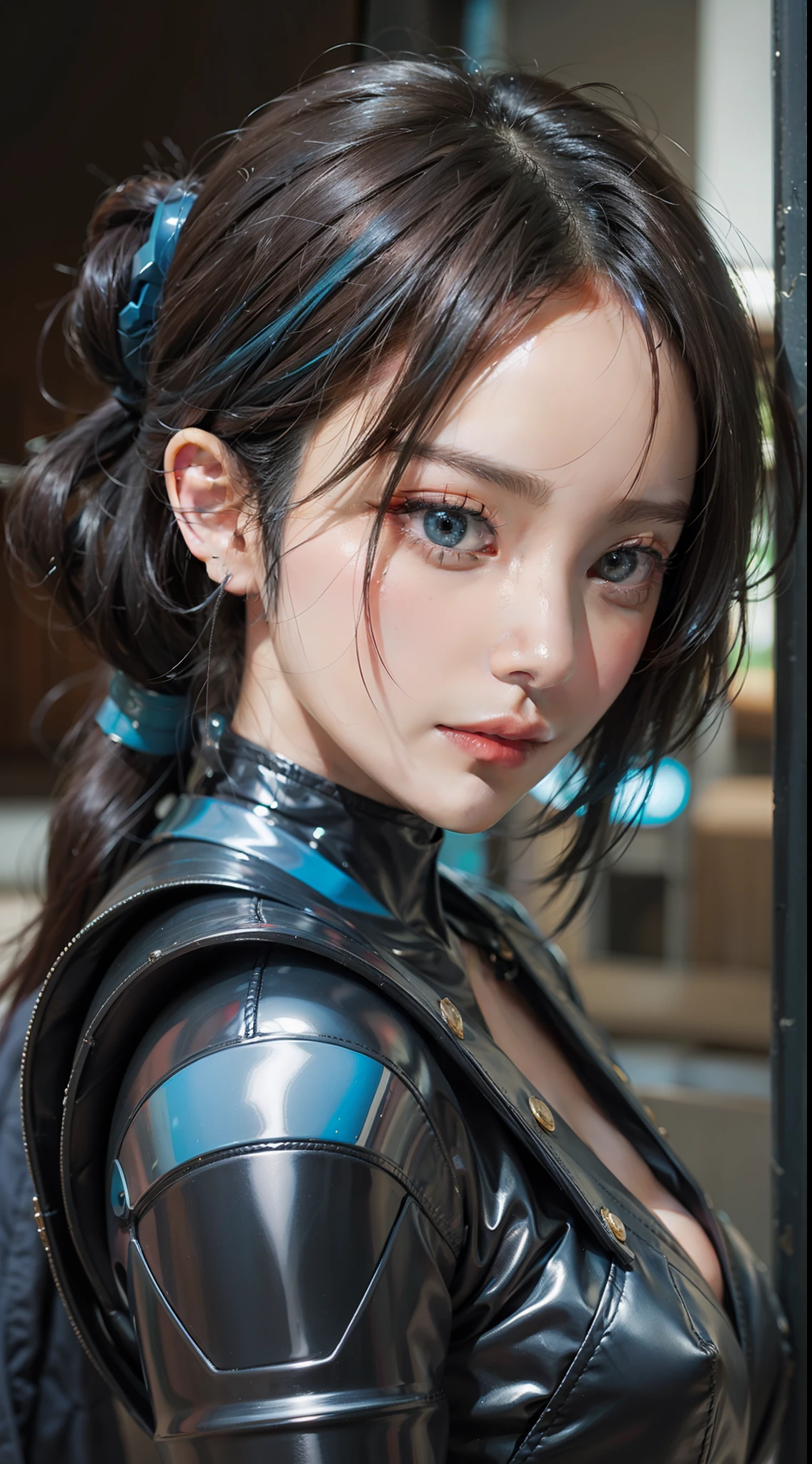 Masterpiece, 1 Beautiful Girl, Detailed Eyes, Swollen Eyes, Best Quality, Ultra Definition, (Reality: 1.4), Movie Lighting, Japanese, Asian Beauty, Korean, Very Beautiful, Beautiful Skin, Slender, Forward-Facing Body, (Ultra Realistic), (High Definition), (8K), (Very Detailed), (Best Illustration), (Beautifully Detailed Eyes), (Ultra Detail), (Wallpaper), Detailed Face, Bright Lighting, Professional Lighting, Look at the viewer, looking straight ahead, blue android suit, cyberpunk ruins in the background, lots of cords growing from clothes, blue hair, small blue tattoos on the face,