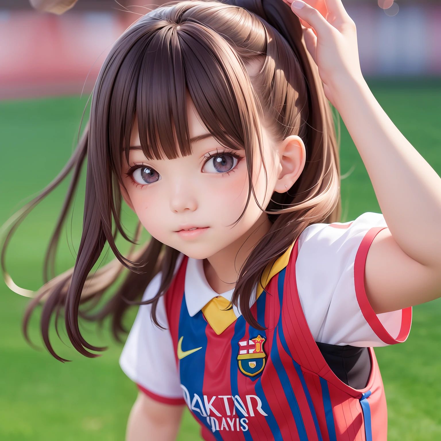 ((6ar olirl:1.5)), complete anatomy, childdy, child, super girl, little girl, randos,random angles,
Soccer, fc barcelona jersey, outdoors, lawns, dribbling, ponytail hairstyles, running,Camp Nou football stadium,red and dark blue uniforms,
beautiful girl, 1 girl, loli, petite girl, top qlity, terpiece, high eyes,drooping eyes,(realism: 1.2)), petite, bangs, tall eyes, natural light,(aquamarine eyes),bangs, beautiful girl with fine details, Beautiful and delicate eyes, Beautiful girl, detailed face, Beautiful eyes, beautiful shining body, 8K images,