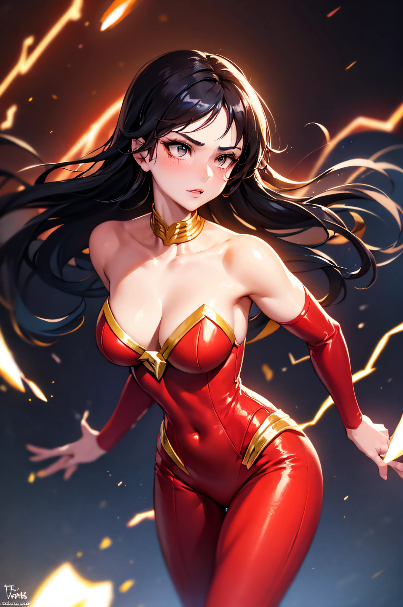 araffe woman in a red and gold costume posing for a picture, flashy flash elegant, portrait of modern darna, the flash, alena aenami and artgerm, hero pose colorful city lighting, artgerm moody photography, closeup shot, wearing red and yellow hero suit, splashes of lightning behind her, textless, flash lighting