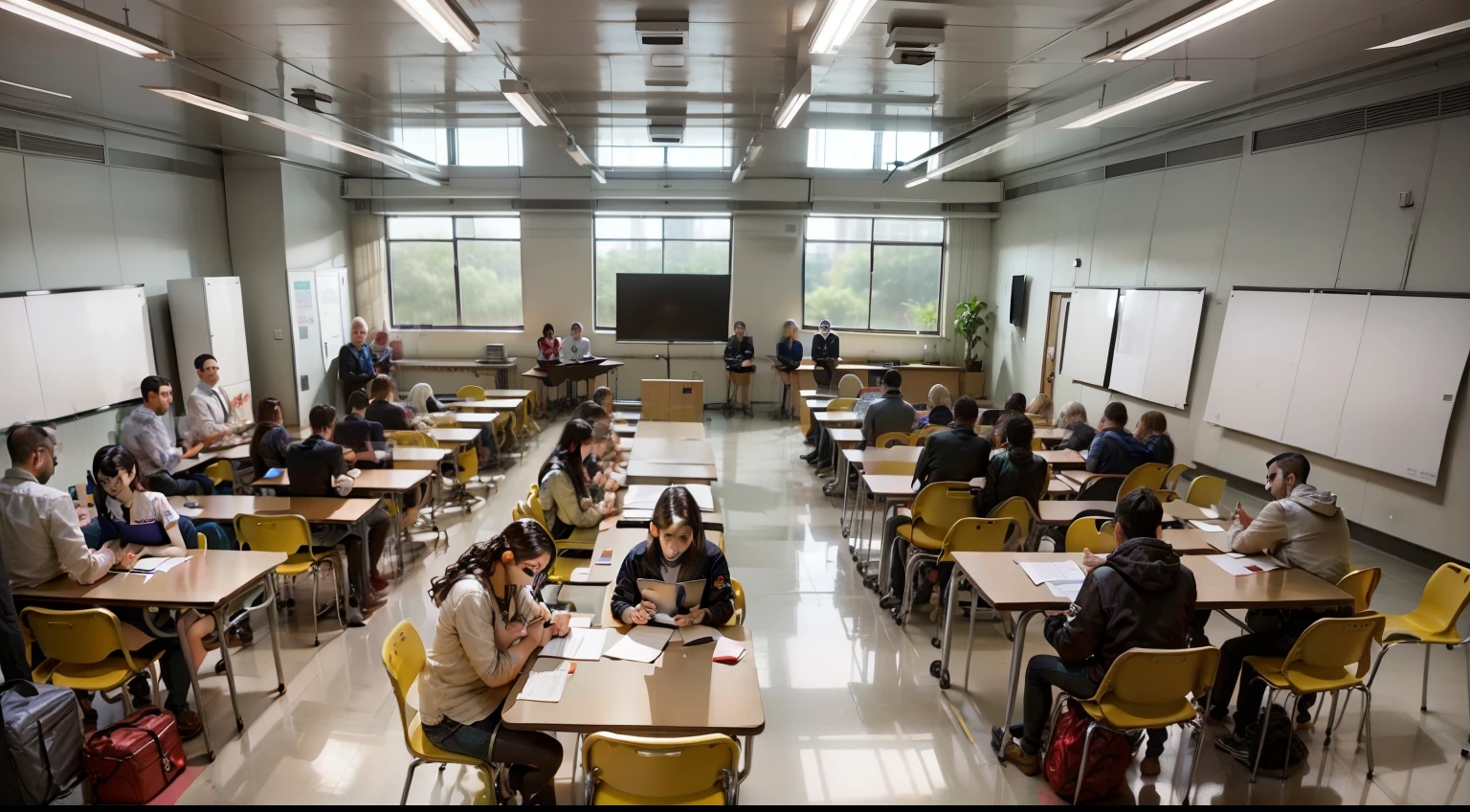 A group of people are studying in the training room, and there are PPT teachers on the podium