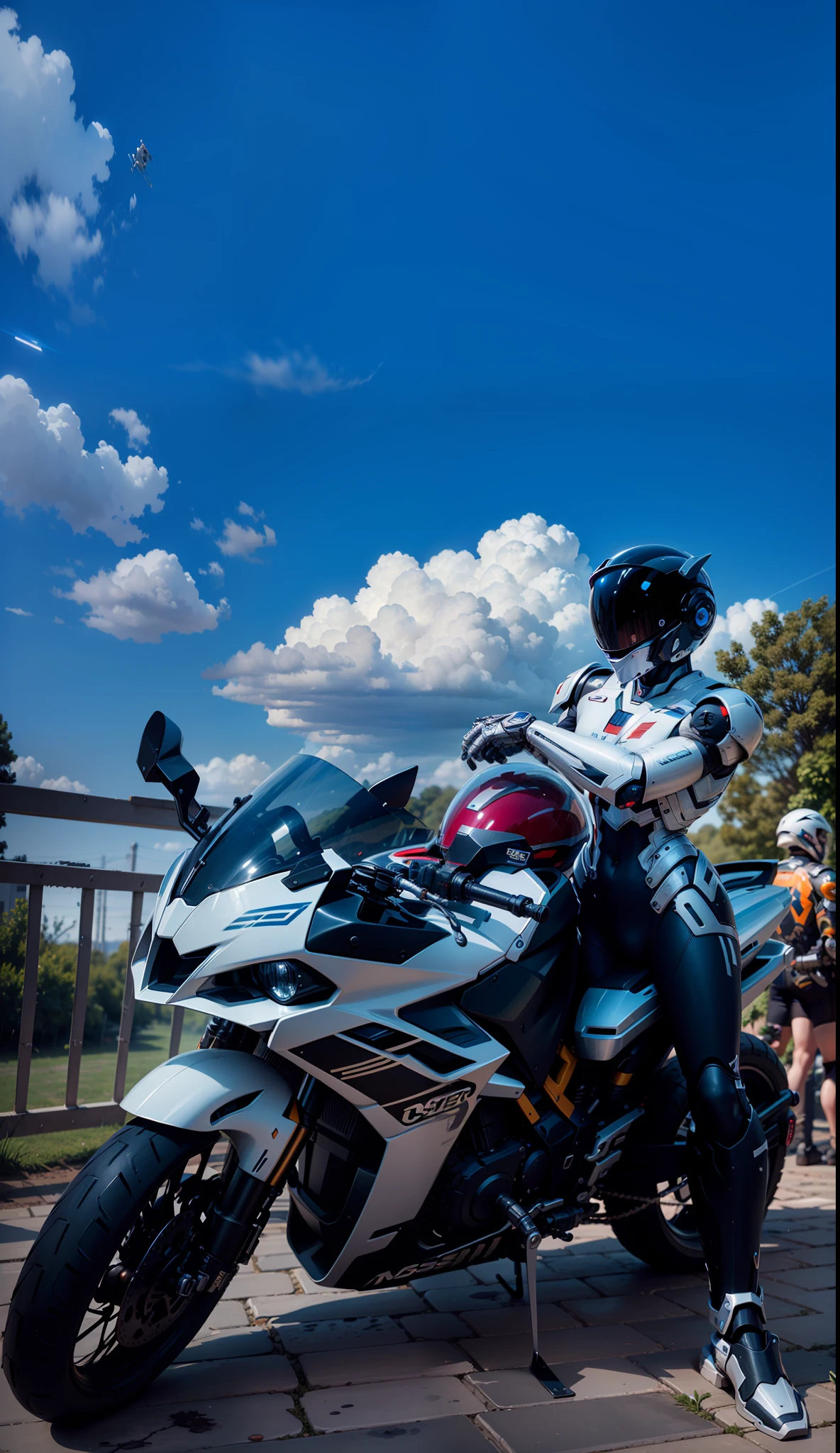 Brave Cyber Mechanical Male Warrior and Cyber Mechanical Motorcycle, Nousr, Biomechanics, MSHN Robot Man, high-tech helmet, surreal, steel, intricate design, crazy details, fine details, extremely clear lines, cinematic lighting, photo realism, detailed masterpiece