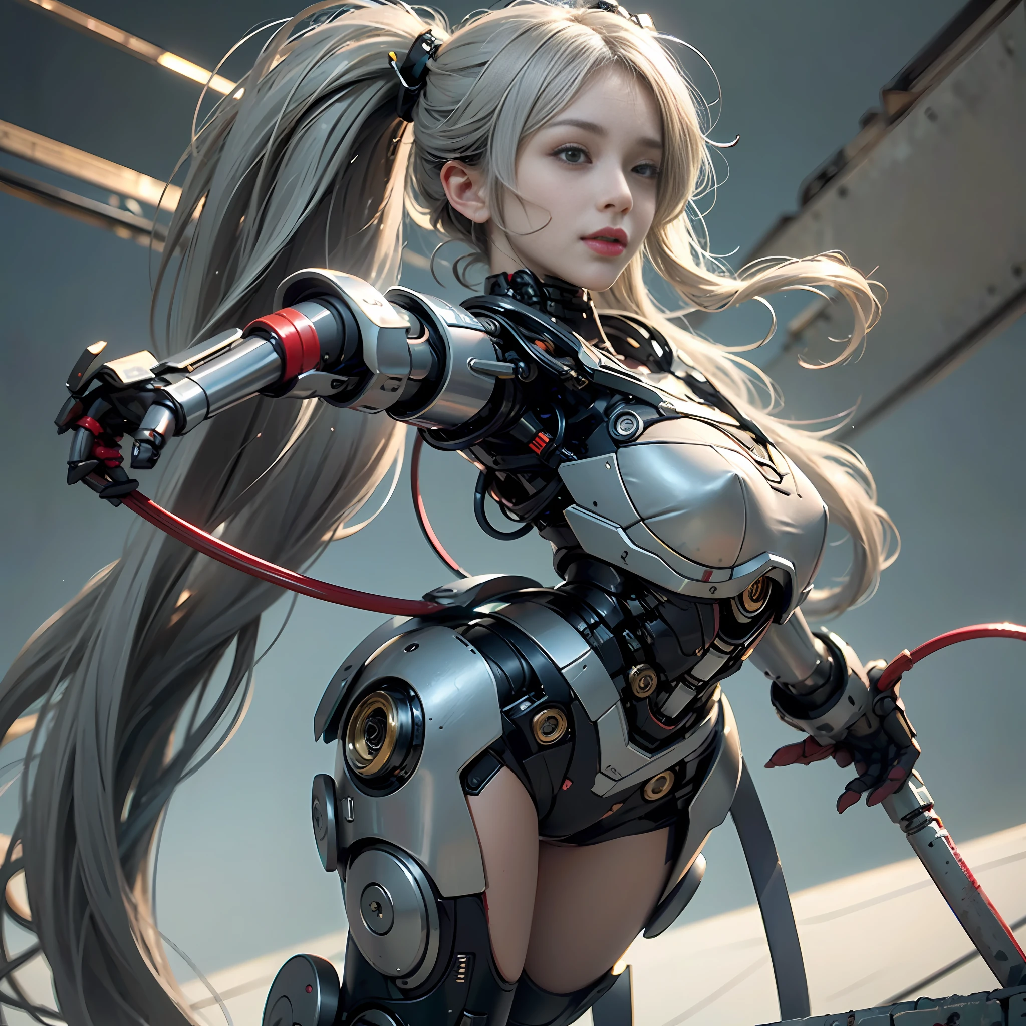 Beautiful Face,face is Japan, 1 Woman, Big, Curvaceous, (16k, RAW photo, top quality, masterpiece: 1.2), (HDR, Realistic, Photorealistic: 1.37) (tube attached to the body), (Bikini Cyborg robot parts)))), (light gray hair), Long hair, Wavy hair, Twin tails, Medium shot, ( Seductive smile)), (black eyes), double eyelids, princess cut, from below, (whole body),posing,,in the lab,( tube connected to blood vessel),((mechanical vertebrae attached to the back)),((mechanical neck attached to the neck)),(wire and cable attached to head and body),(character focus),science fiction,perfect female figure,perfect anatomy, hyperanatomy, full body shot, relationship between up to 4 fingers and 1 thumb, spherical joint,