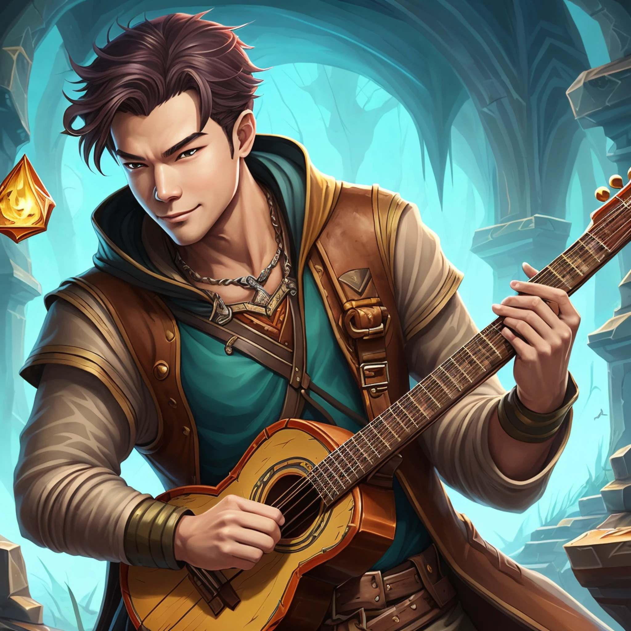 Close-up of man holding guitar, DND fantasy art, inspired by Li Gonglin, Bard playing the lute, fantasy card game art, Hearthstone card game artwork, Hearthstone card game artwork. ", epic fantasy card game art, bard, epic fantasy card game art, asian, asian, squint, squint, light smile, money smile --auto