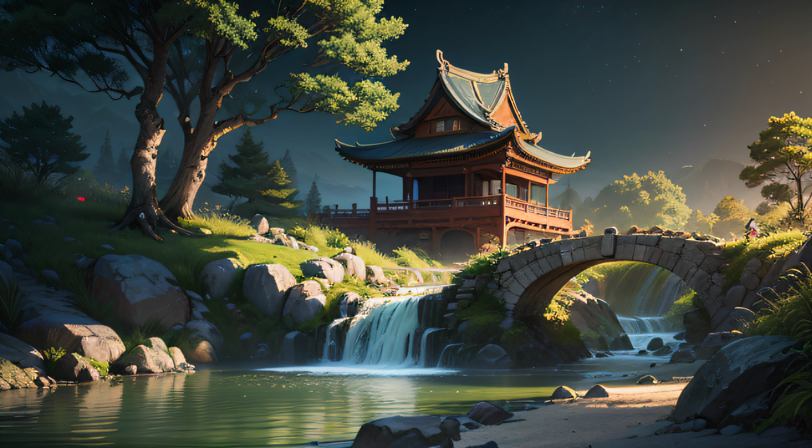 Ancient Chinese architecture, moon, night, garden, bamboo, lake, stone bridge, rockery, arch, corner, rockery, tree, running water, landscape, outdoor, waterfall, grass, rock, water lily, hot spring, water vapor, (Illustration: 1.0 ), Epic Composition, Realistic Lighting, HD Details, Masterpiece, Best Quality, (Very Detailed CG Unity 8k Wallpaper), (Best Quality) --auto