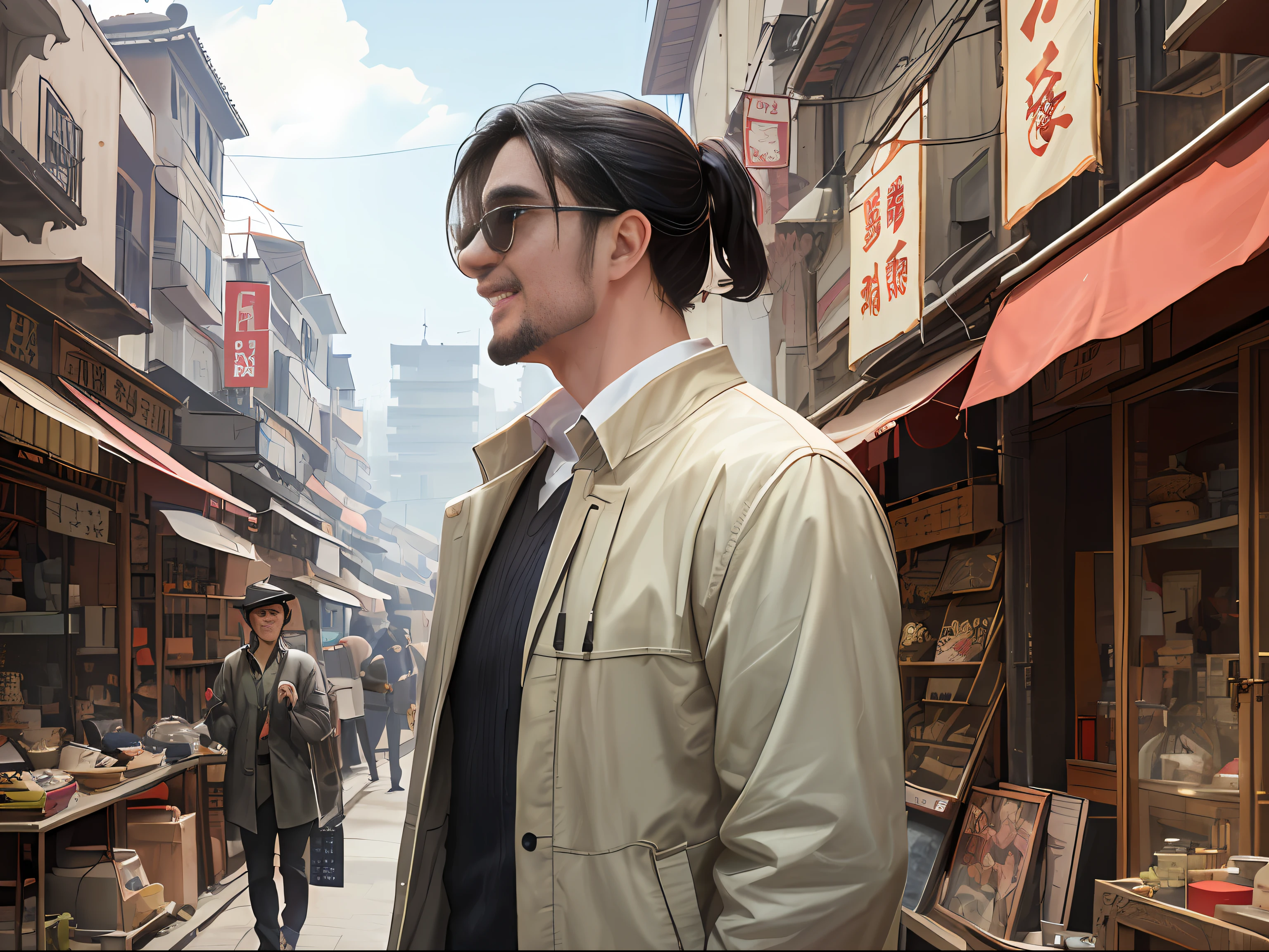 1 man, seen from a distance, thin man, strong, talking, laughing, Chinese face, standing, sunglasses, 30 years old, antique market, wide environment, ((ultra-realistic details)), Chinese Republic of China style, 8k,