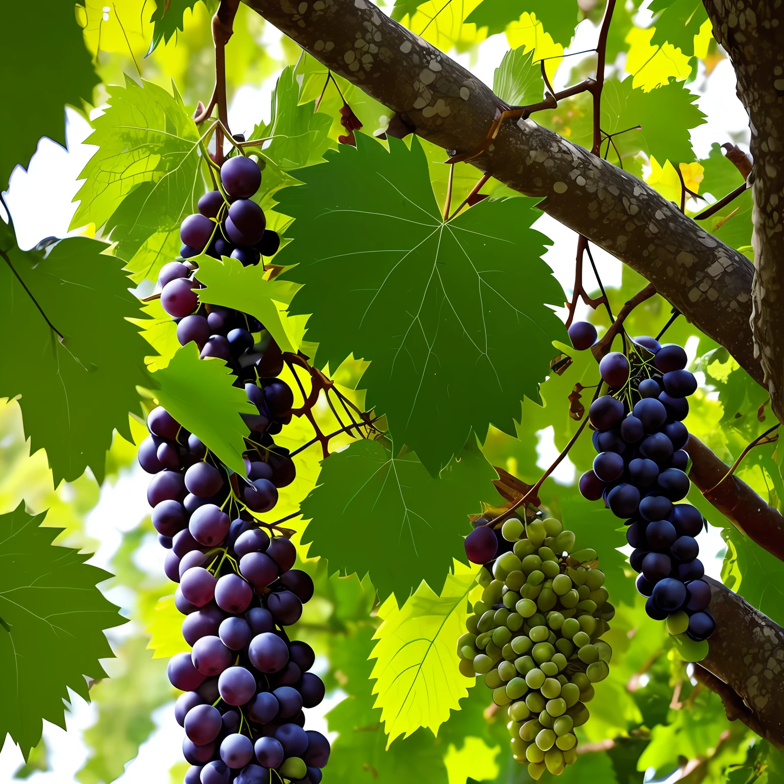 A vine of grapes hanging from a tall tree in a jungle.