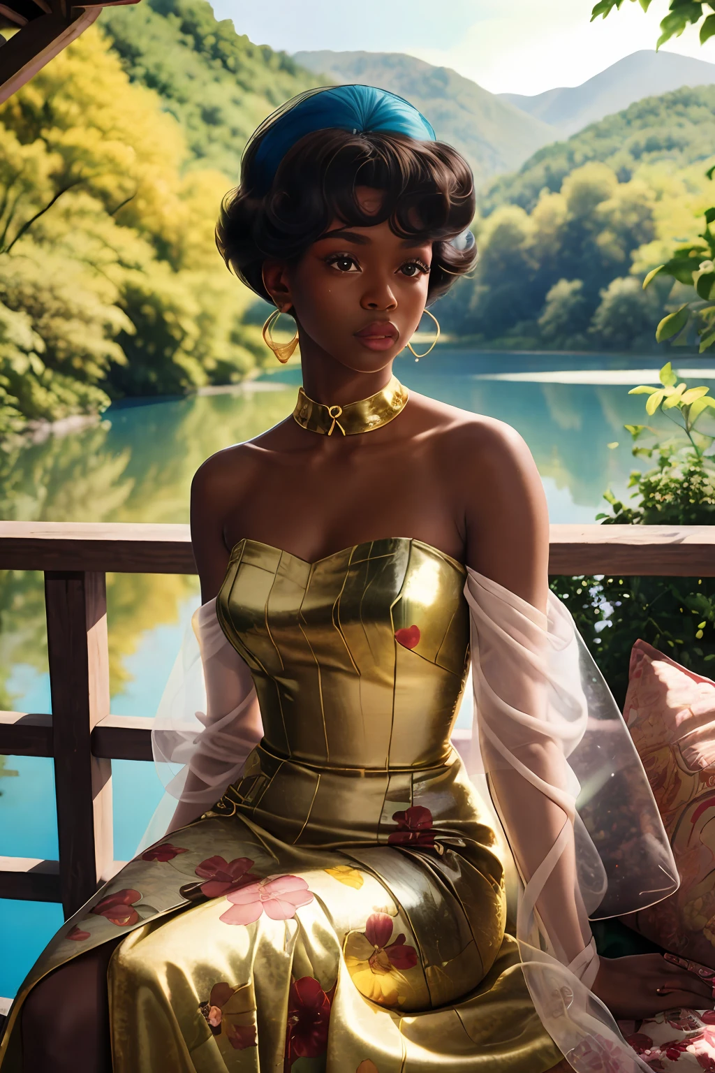 ((ultra HD))) ((hyper realistic)) marc jacobs fashion magazine full torso photograph of a beautiful 24 year old ((African dark skinned woman)) dressed in a futuristic flowery silky intricately textured dress with perfect gold buttons, sitted and lounging in a beautiful ((richly decorated)) gazebo by a lush blue lake on a pleasant day subject between the sun and photographer, bright sunny, raw, greatness, indie, and full of magical nature activity, brightly magically lit, shot with professional lenses, panavision motion still, hyper detailed textures, fuji superia 400, iso 400, cinematic, surrealistic, 8k, Kodak Portra 400 film, ((35 mm lens)), lightroom color graded, with ((double exposure and long exposure techniques)) and light leaks, (((60s retro vibes))), afro-creative — , Akinbode Akinbiyi, Emmanuel Lubezki, Gordon Parks, Daido Moriyama, David Fincher, , (((Hasselblad))) (backlighting)