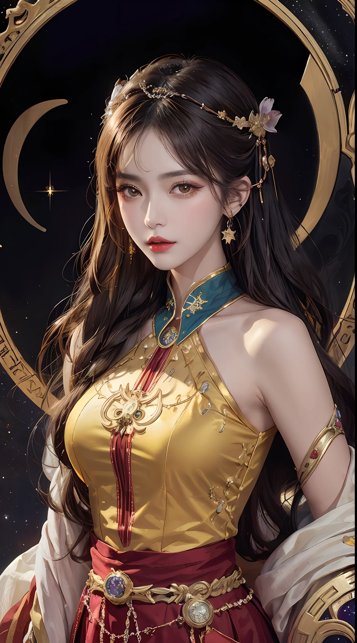 1 27-year-old girl, 1 zodiac goddess from the future, goddess of the pink and purple 12 zodiacs, the goddess of the zodiac in a yellow ao dai, a 12 zodiac ao dai with many black lace detail, mythology Goddess of the 12 zodiacs from the future, zodiac ♏, luxurious glittering zodiac style, dark and mysterious version, zodiac crown, lipstick lips red, thin and beautiful lips, Smile makes viewers fall in love, characters made by karol bak and pino daeni, intricate detail, detailed background, extremely detailed, light magic, a woman, clear face, look at the face of goddess zodialook at the zodiac goddess face, hair long with bangs, beautiful face in detail and well-proportioned eyes, (transparent yellow eyes: 1.8), big round eyes and very beautiful and detailed makeup, foresight, silk dress, mysterious makeup, double bangs and dyed light blonde, uper body, zodiac goddess uper body, arms hanging loosely, Realistic and vivid photo, (stars make up the zodiac: 1.7), (sky background zodiac and fictitious space and time portal: 1.8), fiction art, RAW photo, hanfu picture, best photo, best photo quality, 8k quality, 8k ultra, super realistic, real photo most economical, artistic portrait of goddess zodiac,