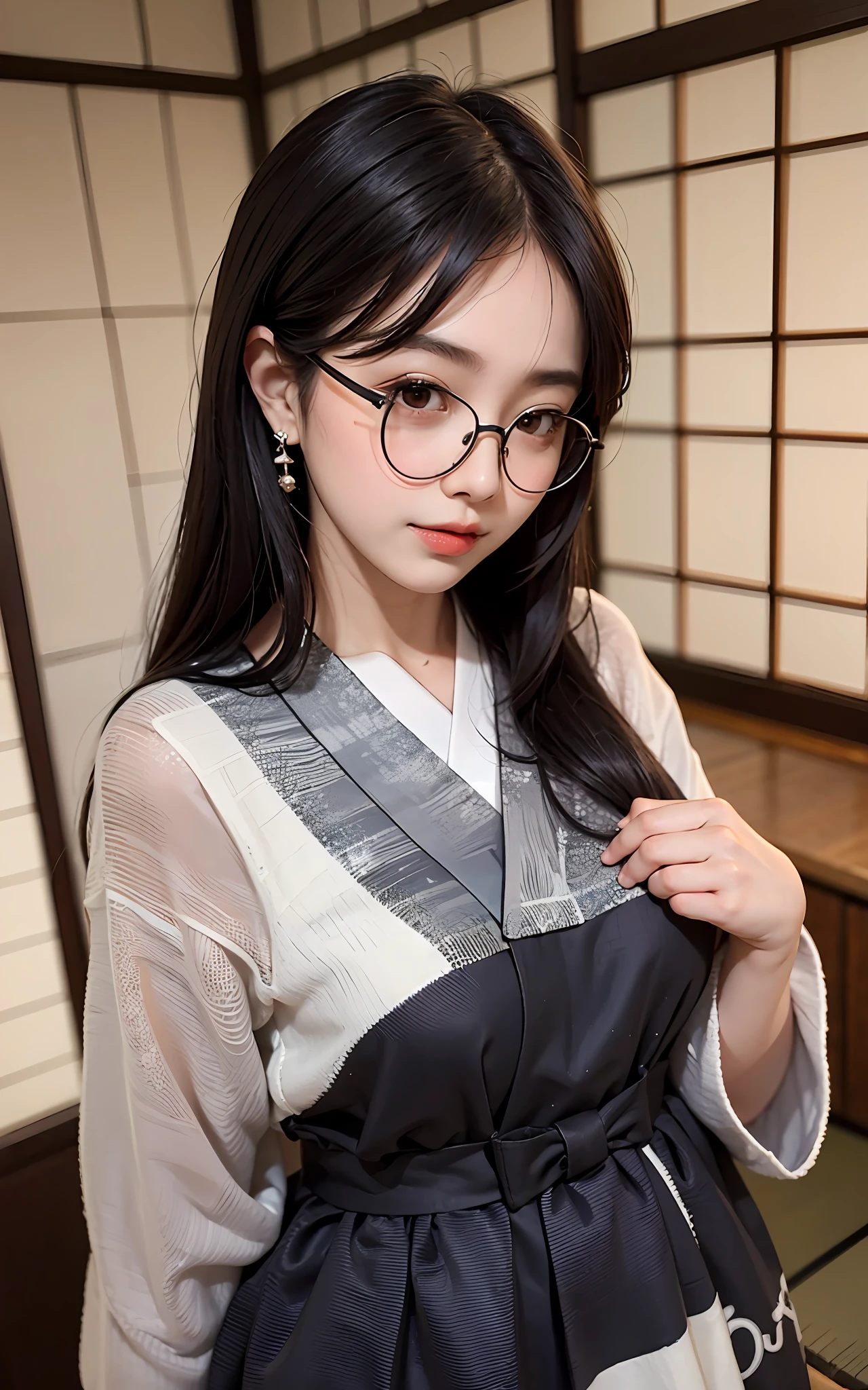 Top Quality, 8K, 4K, High Definition, Details Beautiful round glasses girl, black hair girl, casual everyday clothes, classic ryokan Japanese-style room, meals lined up,