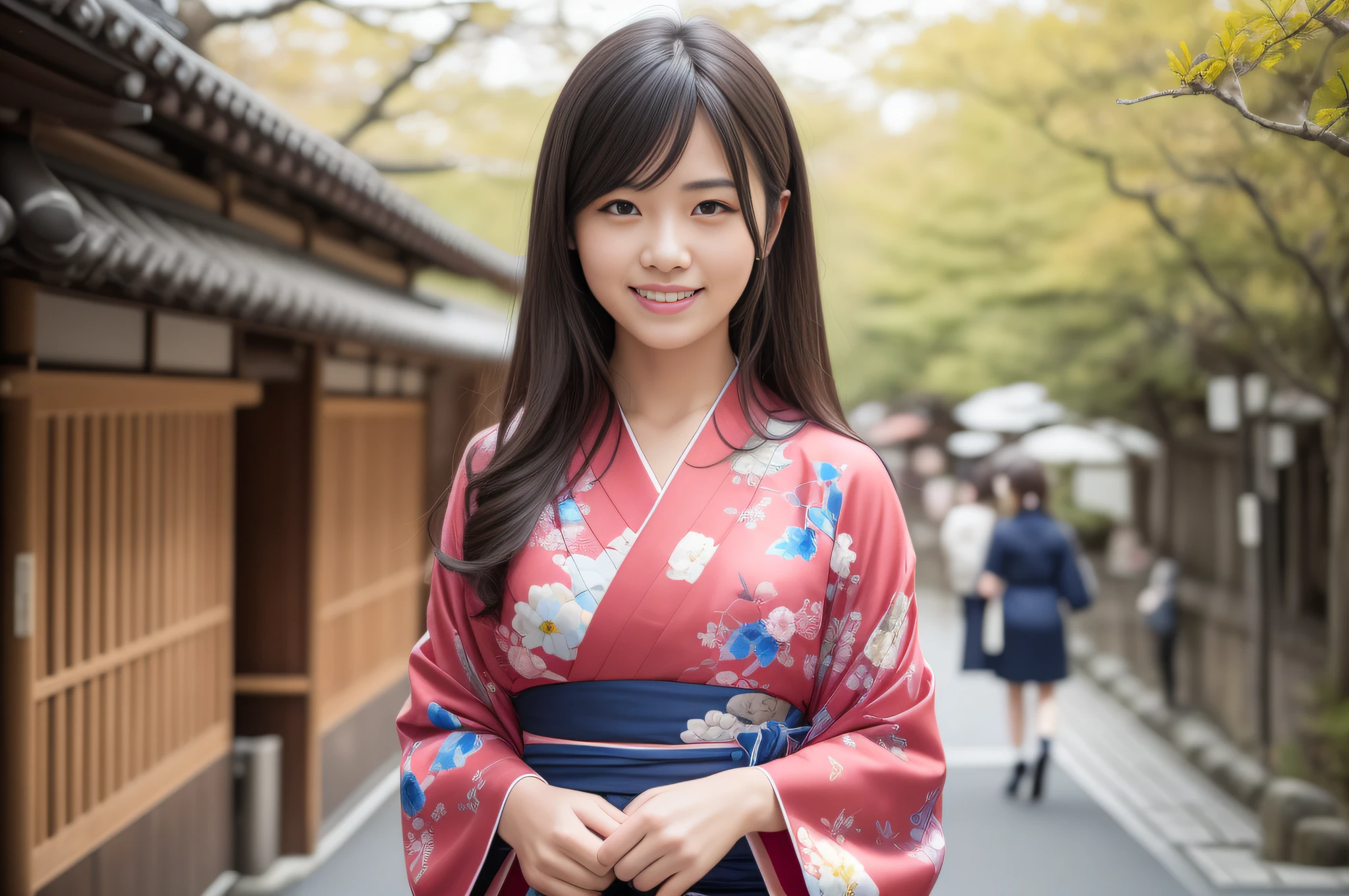 (8k, RAW photo, top quality, masterpiece: 1.2), (realistic, photorealistic), super detail, super high resolution, 3 girls, beautiful detailed face, smile, constriction, slim waist, kimono, furisode, beautiful detailed skin, skin texture, professional lighting, walking outside, in the city, Japan people, kyoto, chatting, laughing