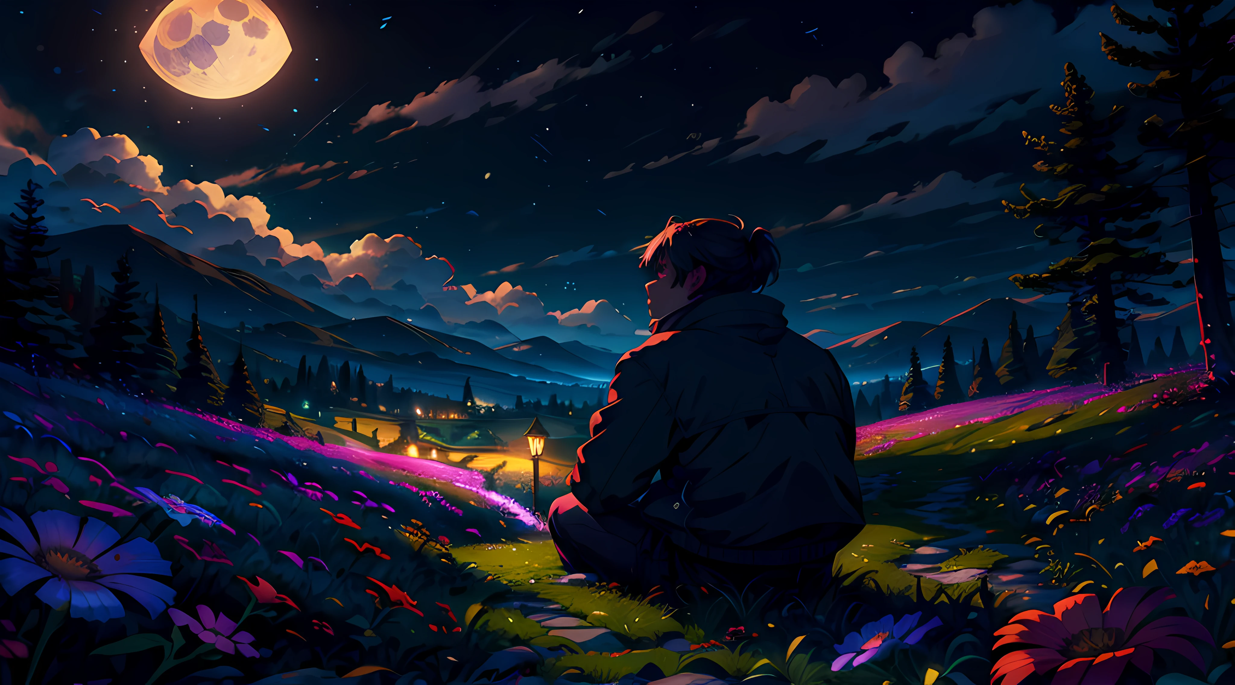 (masterpiece:1.2, best quality), (super detailed), (illustrated), (super high), (exquisite illustration), (super detailed), (ultra detail:1.3), light professional lighting, cinematic lighting, (nostalgic and peaceful: 1.3), professional (landscape painting) nature, moonlight, moonlight on the meadow, 1 person watching the moon, purple flowers on the grass (clouds) black, dark night, big and full moon, dark light)