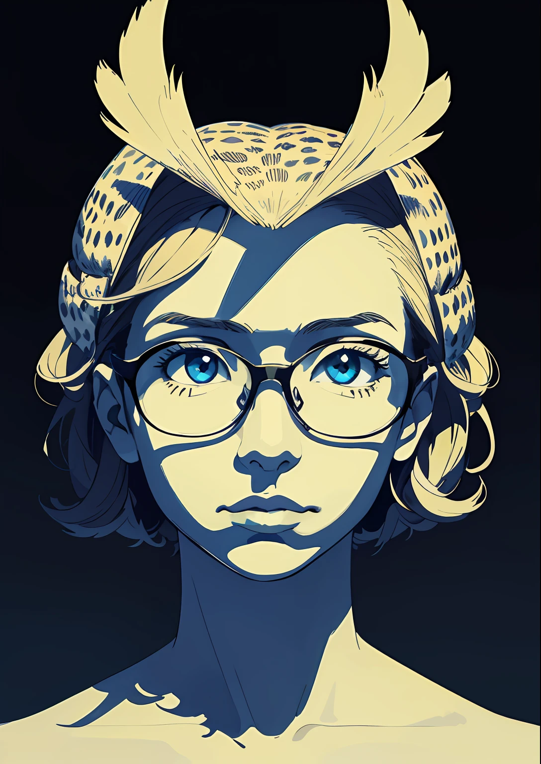 A girl with glasses, Realistic girl face, surrounded by many owl, barroco, anime aesthetic, Giant owl, owl fill the picture, black background, fisheye shot,artistic conception scene,yuko shimizu style, emily kame kngwarreye, mark catesby
