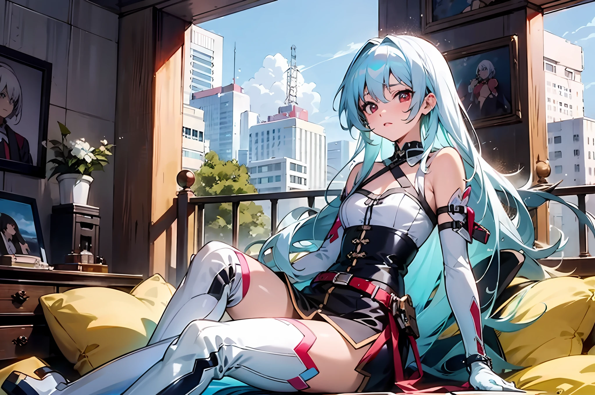 Red pupils, white high heeled thigh boots, white suspender thigh boots, white long gloves, white hair, black belt, bondage, binding, anime girl sitting on bed, city view in background, best anime 4k konachan wallpaper, anime style 4 K, ultra hd anime wallpaper, anime art wallpaper 4 K, anime art wallpaper 4K, anime art wallpaper 8 K, 4K anime wallpaper, anime wallpaper 4 K, anime wallpaper 4K, popular on Artstation pixiv