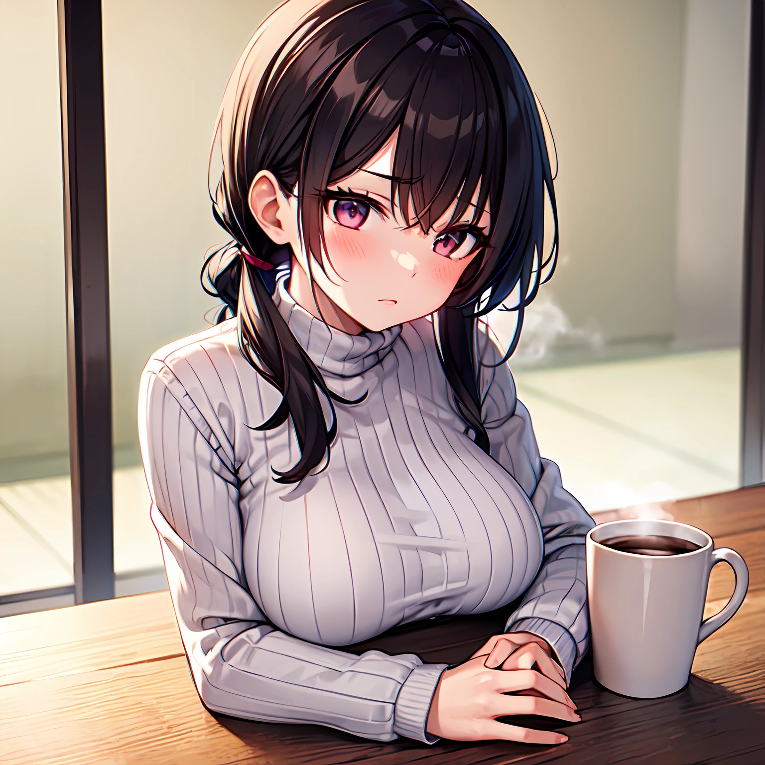 1girl, night, girl's home, white wall,small low table,holding steaming coffee cup in both hands,breast resting on table,cute 20 year old short girl with Japan, big breasts, , brown hair, big ponytail, white turtleneck sweater,pink pleated skirt, looking at camera, sad face,looking down,Blur the background,Only the upper body and head can be seen,POV