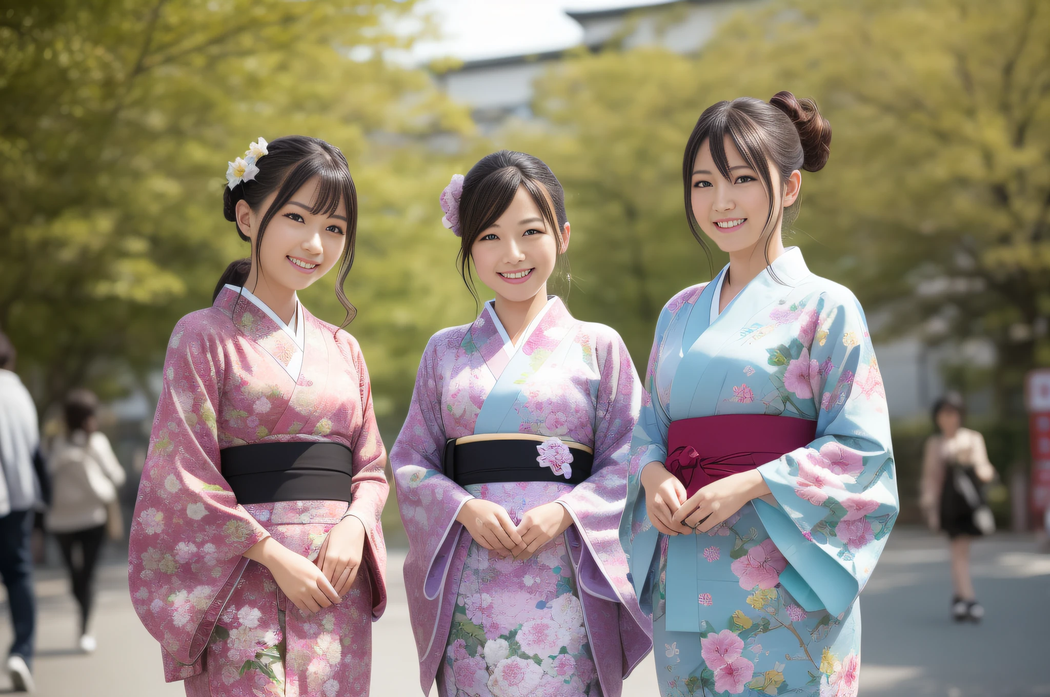 (8k, RAW photo, top quality, masterpiece: 1.2), (realistic, photorealistic), ultra detail, super high resolution, 3 girls, beautiful detailed face, smile, constriction, slim waist, kimono, large furisode, honfurisode, medium furisode, small furisode, beautiful detailed skin, skin texture, professional lighting, walking outside, in the city, Japan people, kyoto, chatting, laughing