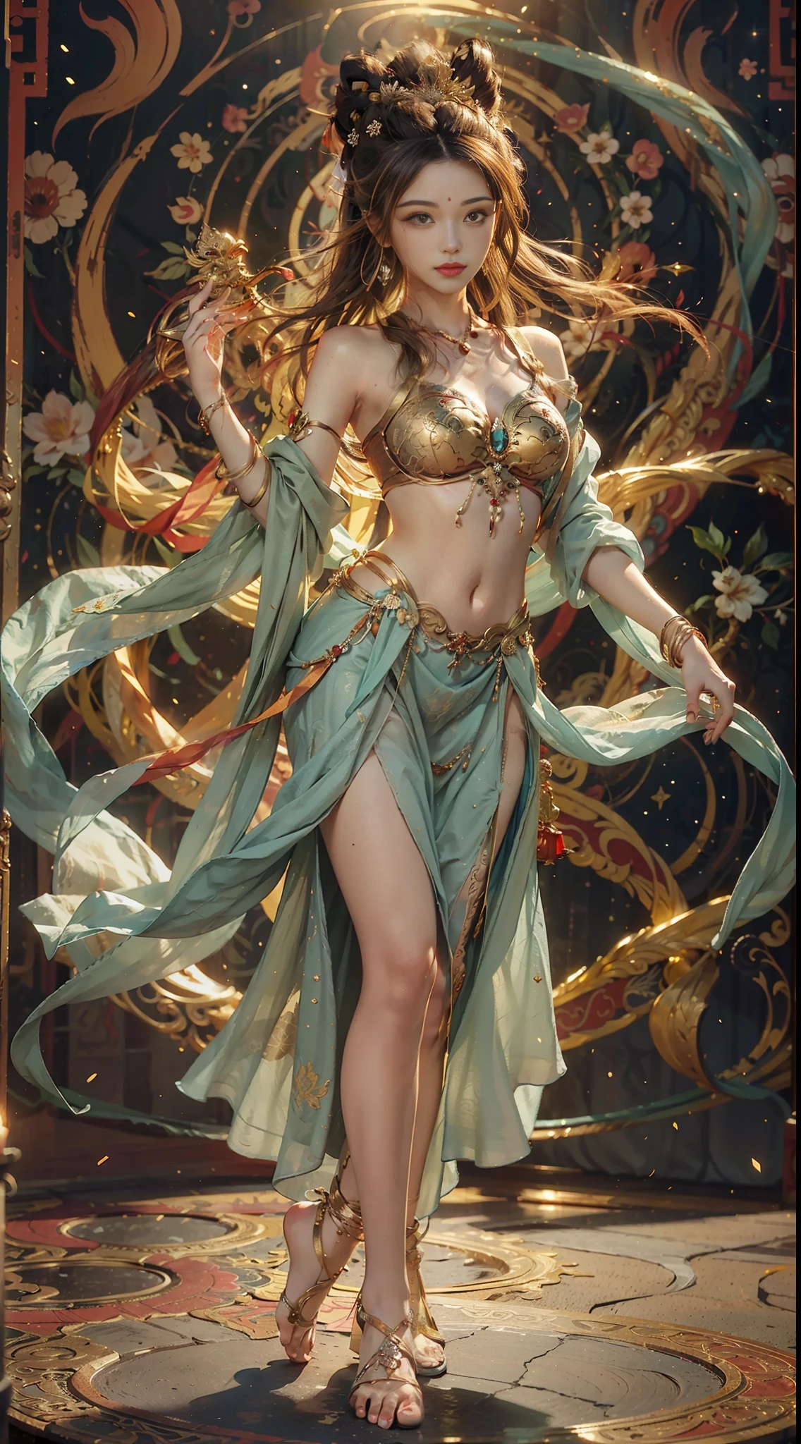 Dunhuang style, 1girle, shoulders, navel, flying fairy, Dunhuang mural in background, dance, blonde hair, lots of hair, very long hair, hair ornaments, ribbons, earrings, gold jewelry, hair bubbles, copper bells, red and gold clothes, flowers on head, gradient eyes, smile, bare feet, no shoes, full body portrait, surrealism, high detail, romanticism, movie lighting, glitter, reflected light, masterpiece, super detail, textured leather, anatomically correct, high detail, best quality, high quality, award-winning, 8K