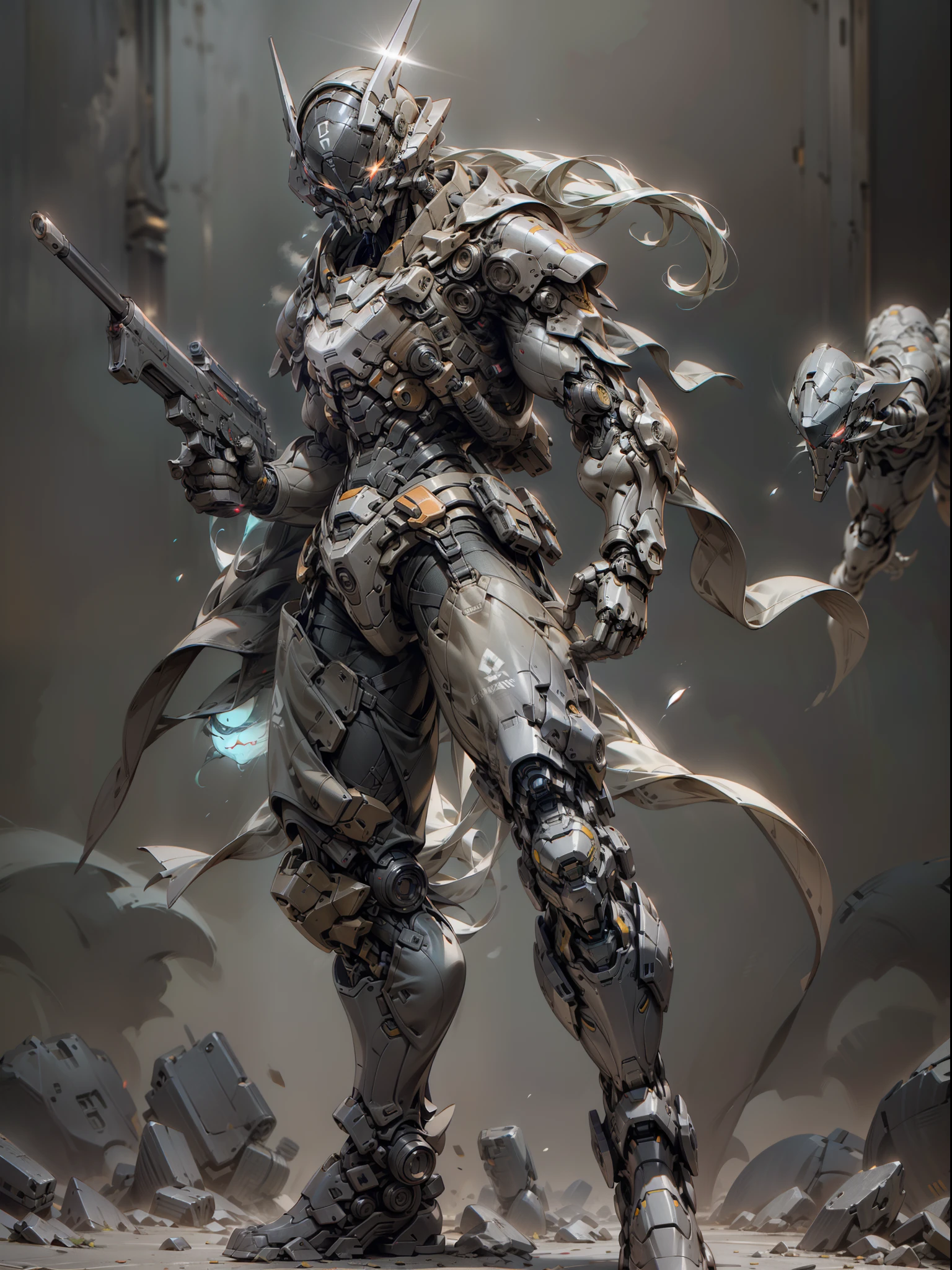 Gunsmith, all black ghost gunsmith, face mask covering face, holding submachine gun in the air, Gatling machine gun scattered on the ground, carrying weapon gun, pistol on the waist, sniper rifle behind back, super cool ghost gunsmith, weapon god, male, ninja, metal mecha, with black mask, wearing black mechanical armor, glowing red eyes, perfect body proportions, full body photo, looking up, super detail, IP by pop mart, edge light, avatar, octane rendering, blender, Clean Black Background, 3D, C4D, Best Quality, Very Detailed, Ancient Technology, HDR (High Dynamic Range), Ray Tracing, NVIDIA RTX, Super Resolution, Unreal 5, Subsurface Scattering, PBR Textures, Post Processing, Anisotropic Filtering, Depth of Field, Maximum Clarity and Sharpness, Multi-layer Textures, Albedo and Highlight Maps, Surface Shading, Accurate Simulation of Light-Material Interactions, Perfect Proportions, Octane Rendering, Two-tone Lighting, Low ISO, White Balance, Rule of Thirds, Wide Aperture, 8K RAW, high efficiency sub-pixel, subpixel convolution, luminescent particles, light scattering, Tyndall effect