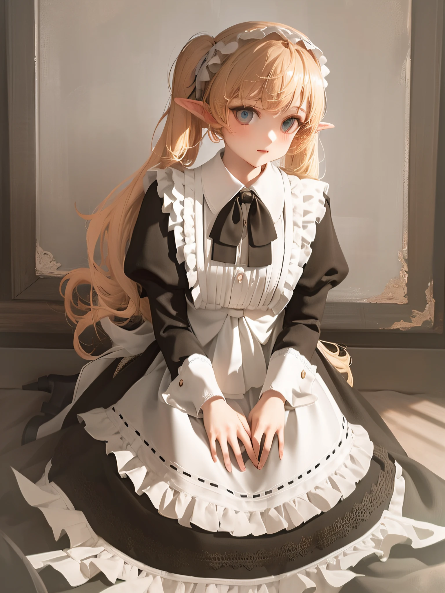 elf, girl, solo, full body, platinum blonde,twin tails, blue eyes, with a funny look, sit on bed,
Maid dress in a long dress in solid black (long sleeves, puff sleeves, white cuffs, cuffs with one black button, white collar, skirt to heel),
white long apron dress (apron with breastplate, length to hem of skirt, shoulder straps, white lace ruffles at shoulder straps, large ribbon knot at the back),
Red Ascot Thai,
head headband with white lace ruffles,
white stockings,
white panniers (lace hem of panniers),
black enamel shoes (high heels),
Mucha style background
