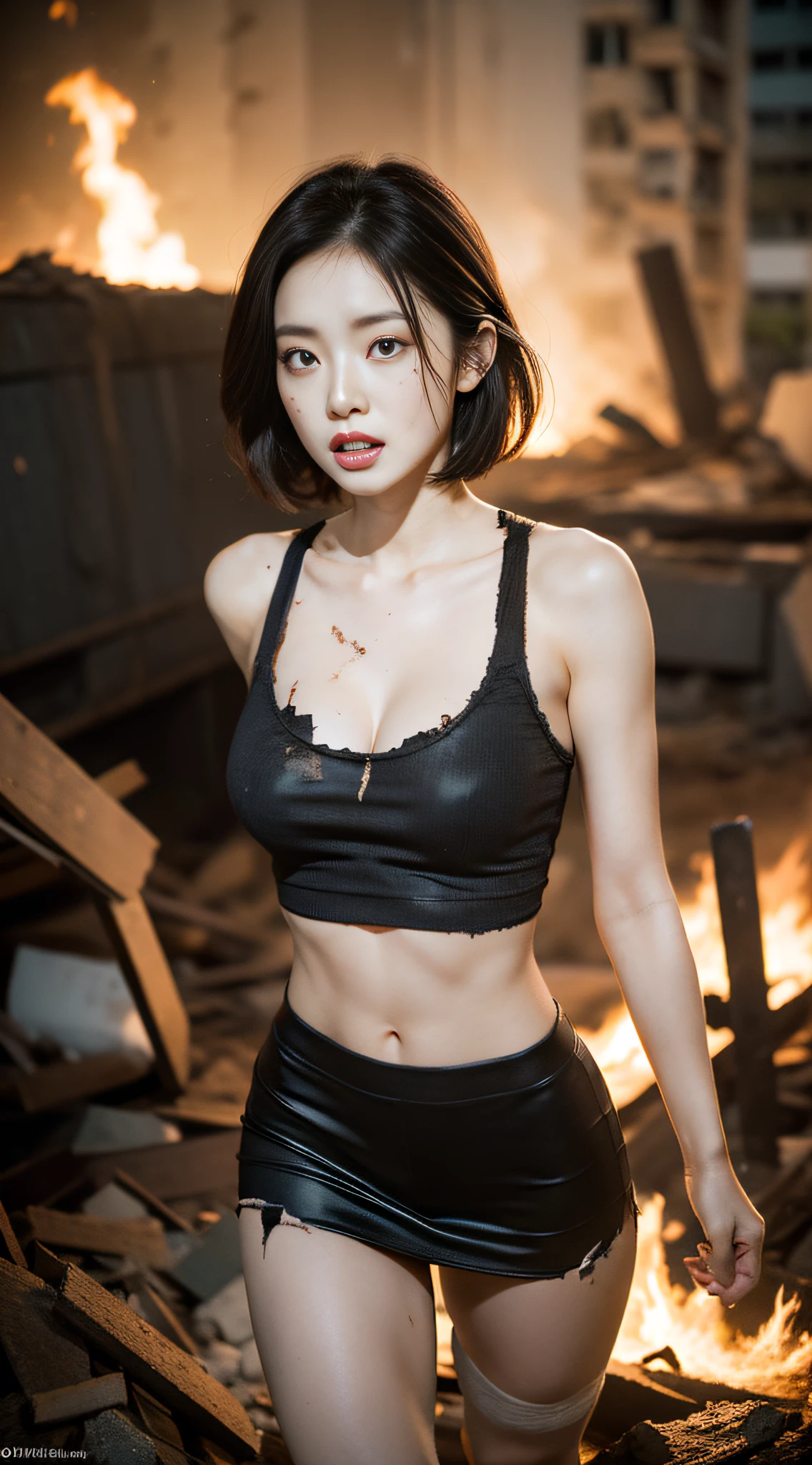 The heroine of the movie "GODZILLA Godzilla". She desperately flees from Godzilla in a devastated Los Angeles. Her hair is a mess, her T-shirt is torn, her miniskirt is ripped, she looks terrified, and she runs through the rubble. Her thighs are covered with dirty bandages, and her entire body is covered in scars. Crumbling buildings, burning flames, white skin, smooth skin, stunningly beautiful face, detail, photorealistic, 8K