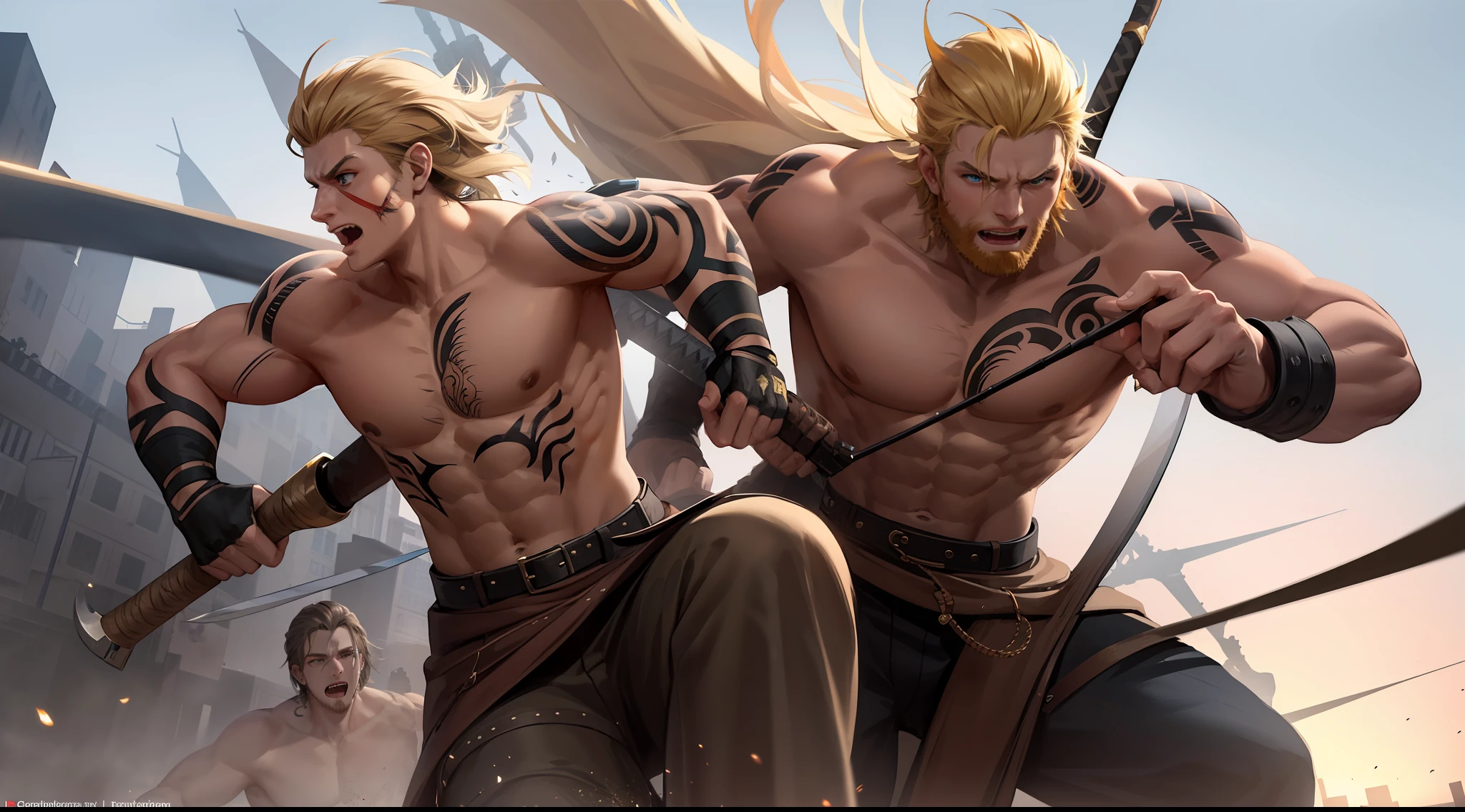 Three hundred riding into the city, blonde hair and blue eyes, catapults, wild, male barbarians, fierce face, sharp muscles, tattoos on the face, holding weapons, roaring,