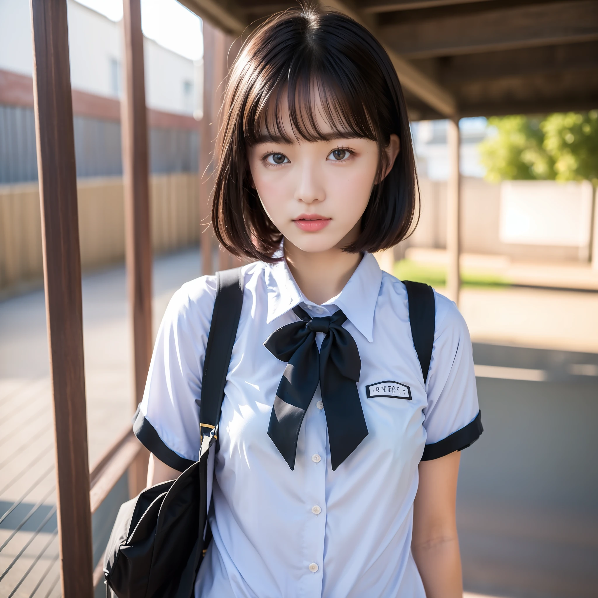 POV, Cute High Girl, Idol Face, Cute Beautiful Girl, Summer Clothes Cutter Shirt, Short Cut, Clothing Color is Pastel Color, Black Hair, Face Close-up Youth, Puberty, Pale Light, Schoolyard, No Tie, Cute Small Ribbon, Natural Light, Dusk, Frontal, Looking at Camera