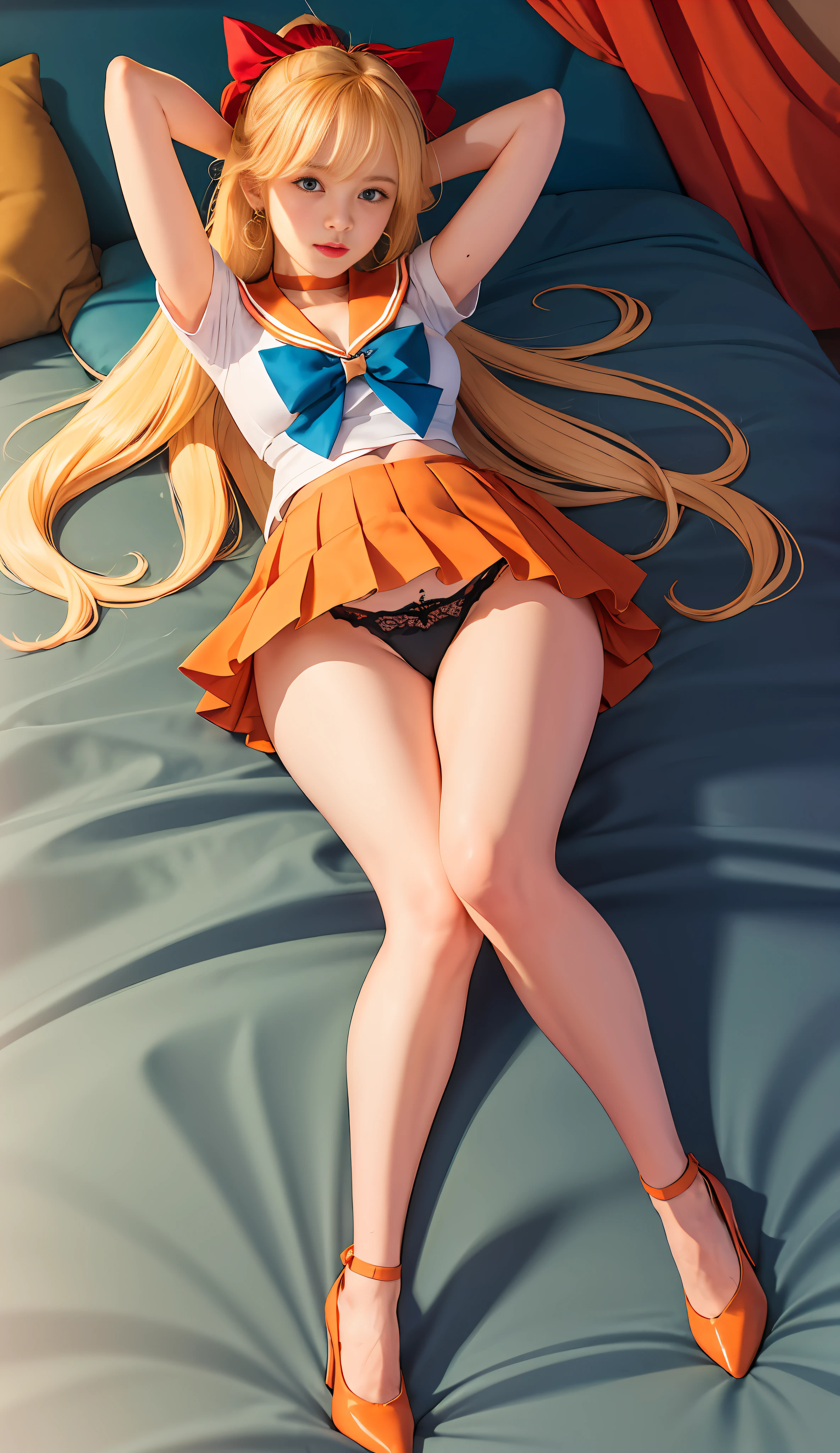 Masterpiece, Best Quality, High Resolution, Venus1, 1Girl, Solo, Sailor Warrior Uniform, Sailor Venus, Minako Aino, Blonde, Magical Girl, Blue Eyes, Orange Skirt, Headdress, Pleated Skirt, Bow, Orange Sailor Collar, Mini Skirt, Choker, Red Bow, Orange Choker, Extra Long Hair, Jewelry, Earrings, Lying in Bed, Legs Apart, Hands Behind Head, Plump Camel Toes, Black Panties, Orange High Heels, Lace Panties, Clear Underwear Panties