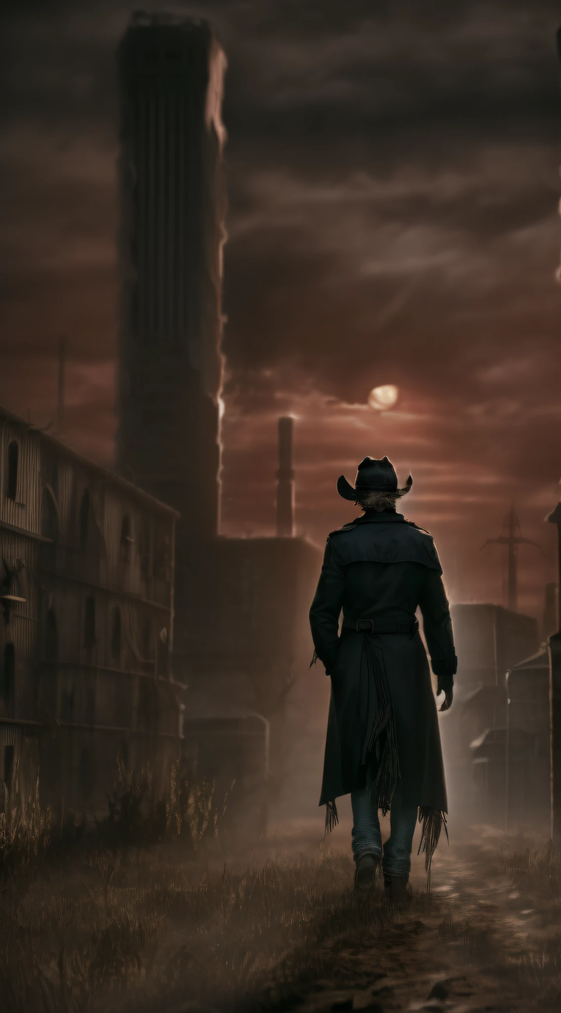 Masterpiece, best quality, black trench coat, black shirt, white scarf, cowboy hat, sturdy man, lonely home, sunset, sun falling on the ground, towering industrial towers everywhere and some withered vegetation, high contrast, cinematic shots, dark, cruel, broken, desperate loneliness