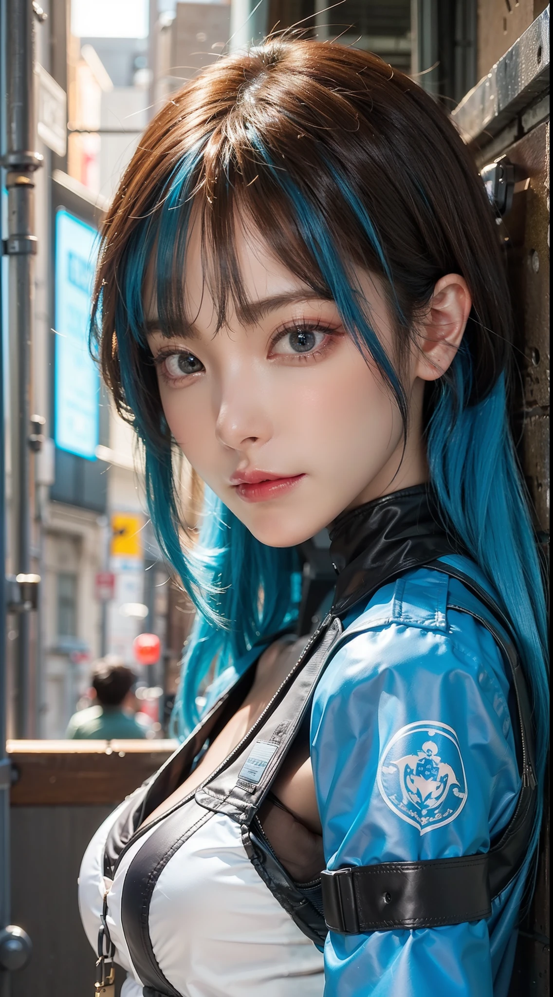 Masterpiece, 1 Beautiful Girl, Detailed Eyes, Swollen Eyes, Best Quality, Ultra Definition, (Reality: 1.4), Movie Lighting, Japanese, Asian Beauty, Korean, Very Beautiful, Beautiful Skin, Slender, Forward-Facing Body, (Ultra Realistic), (High Definition), (8K), (Very Detailed), (Best Illustration), (Beautifully Detailed Eyes), (Ultra Detail), (Wallpaper), Detailed Face, Bright Lighting, Professional Lighting, Look at the viewer, looking straight ahead, blue android suit, cyberpunk ruins in the background, a lot of cords growing from the clothes, blue hair, small blue tattoo on face, long hair,
