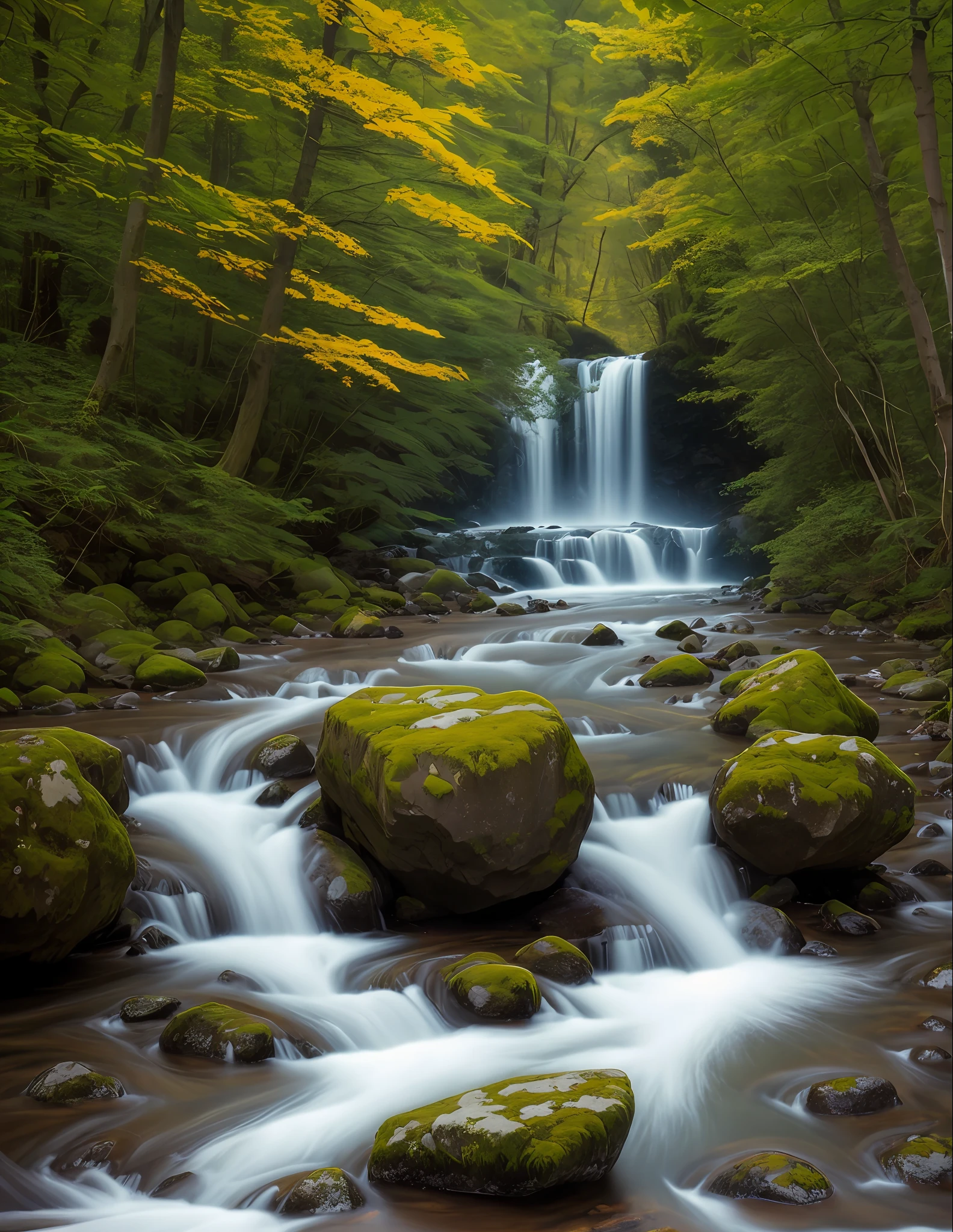 Huge Soft full moon, beautiful fast river landscape green Forest photography by marc adamus, Long exposure photography dramatic lighting, giclee art prints , glass photo print finish, sublimation glass printing.