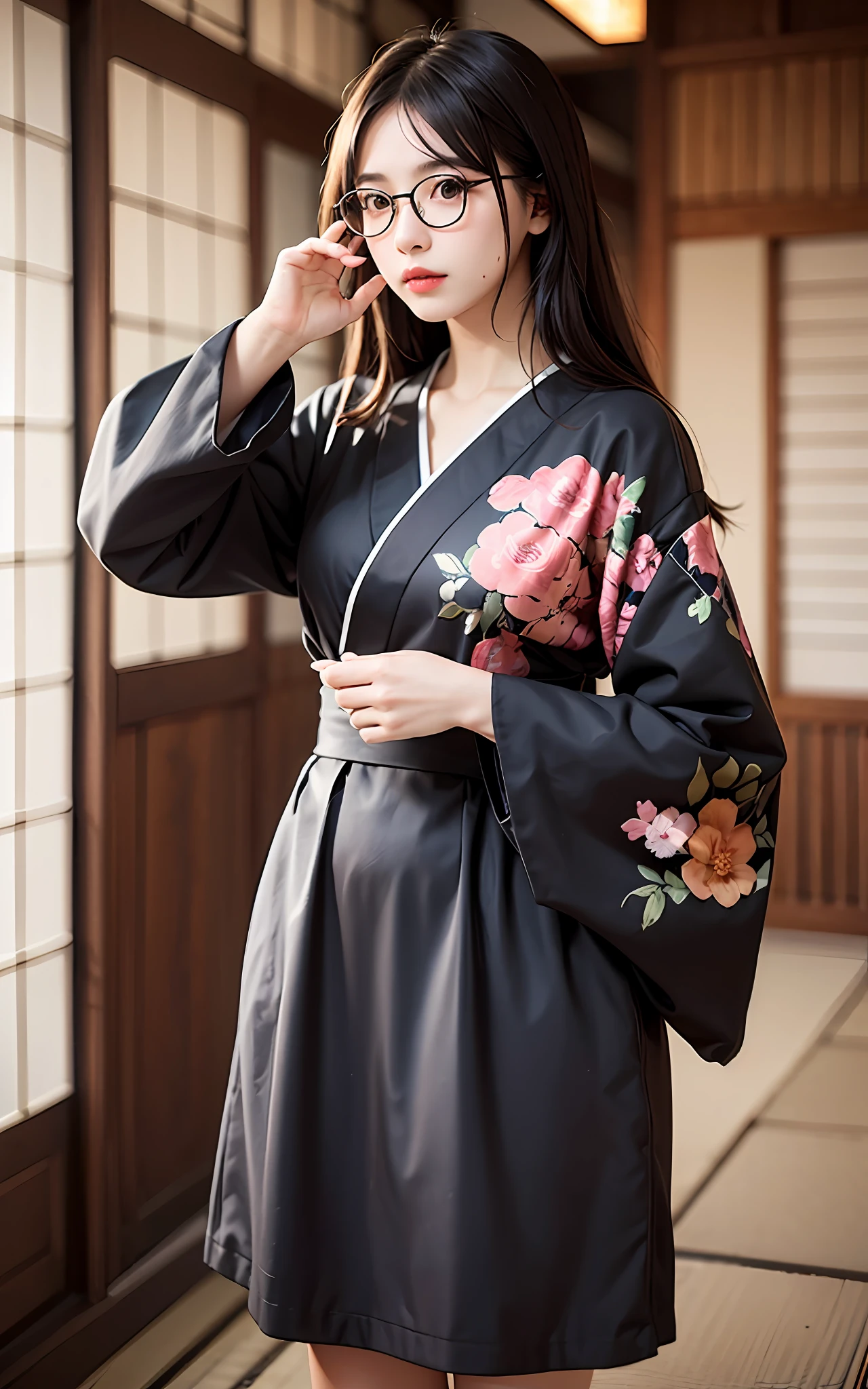 Top Quality, 8K, 4K, High Definition, Details Beautiful round glasses girl, black hair girl, casual everyday clothes, classic ryokan Japanese-style room, meals lined up,