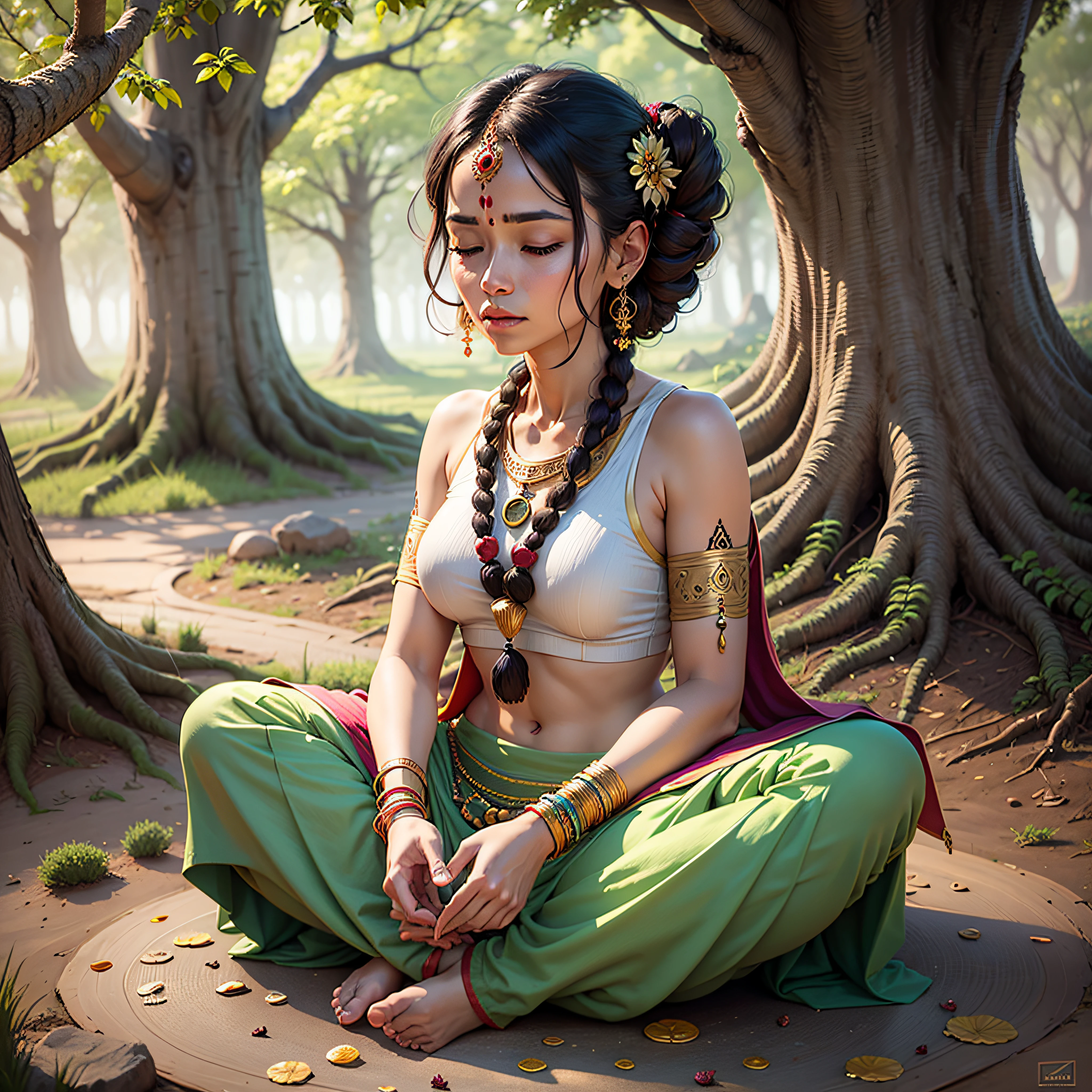 An women sitting under the tree doing meditation in yoga style, hyperealistic, 8k rendering, hinduism, wearing rudrakhs on his neck --auto