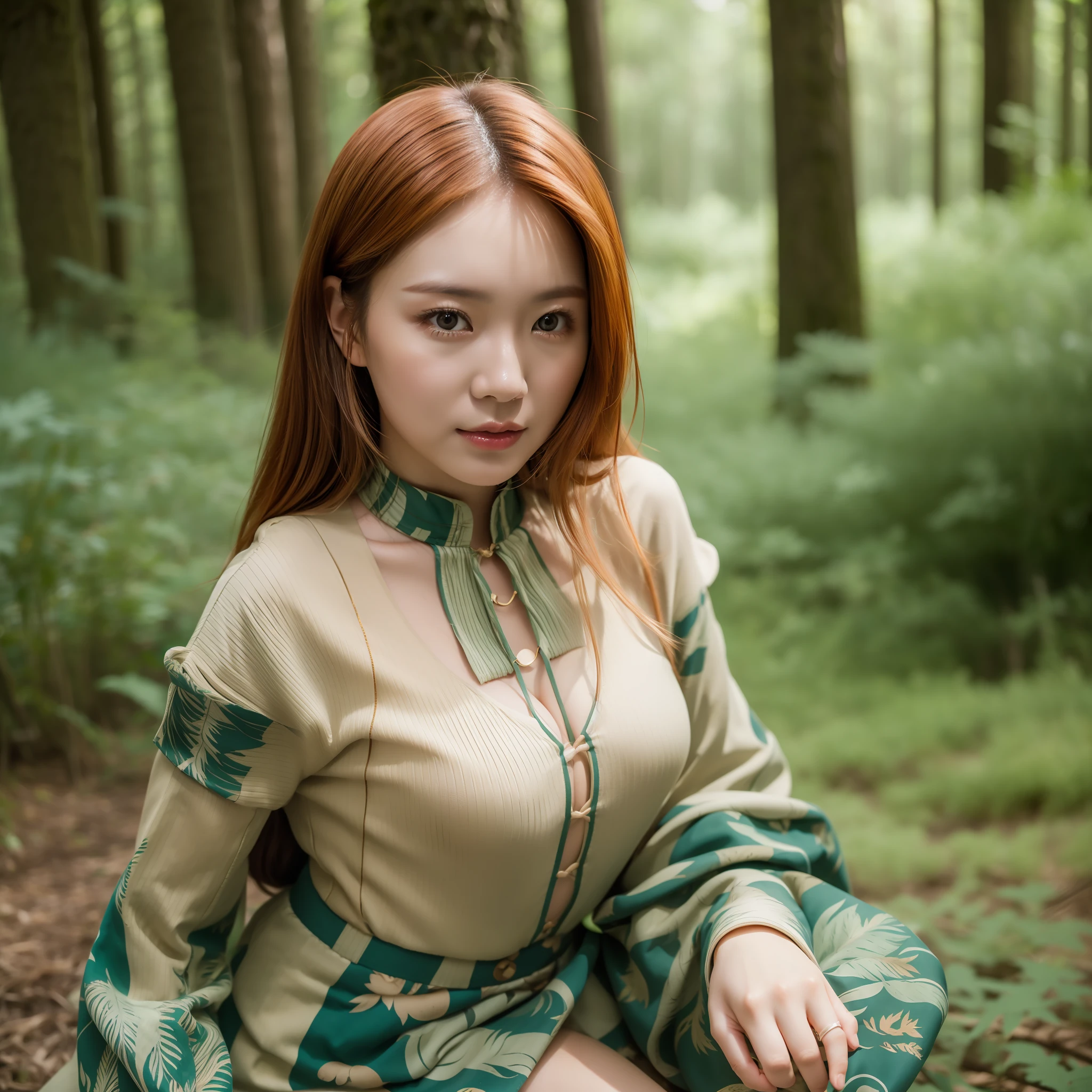cute face, asian female, 35 years old, ginger hair, long hair, (natural), oily body, forest, full lens, mini skirt, backlight, (realistic), (masterpiece), (beautiful face), (ultra-real)